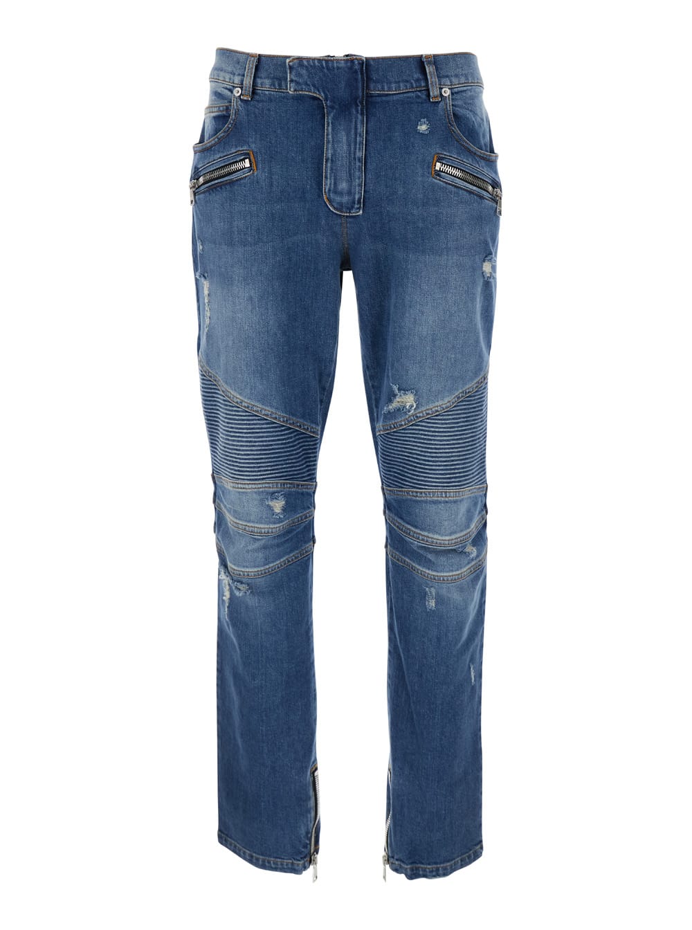 Shop Balmain Light Blue Biker Jeans With Zip And Rips In Denim Man