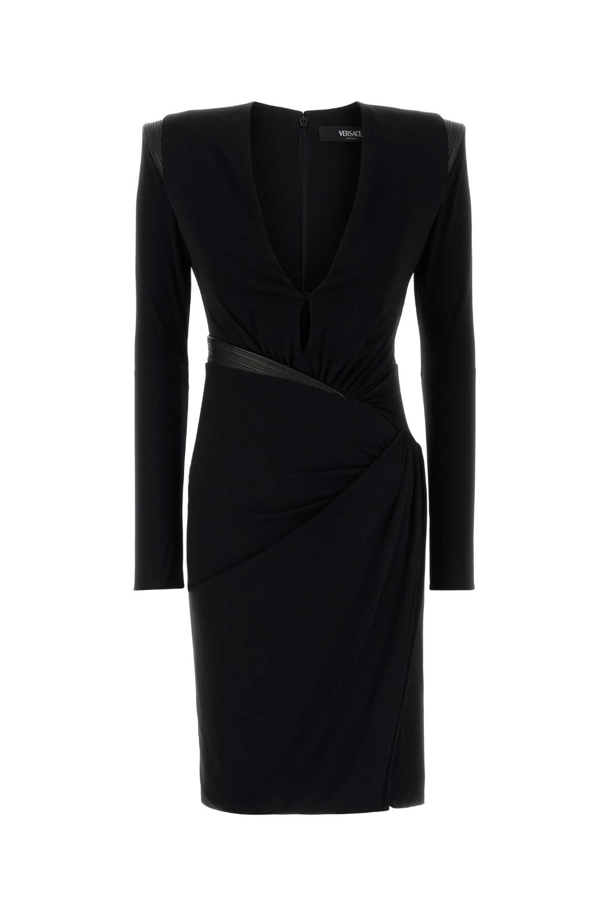 Versace Ruched Deep V-neck Mini Dress In Black