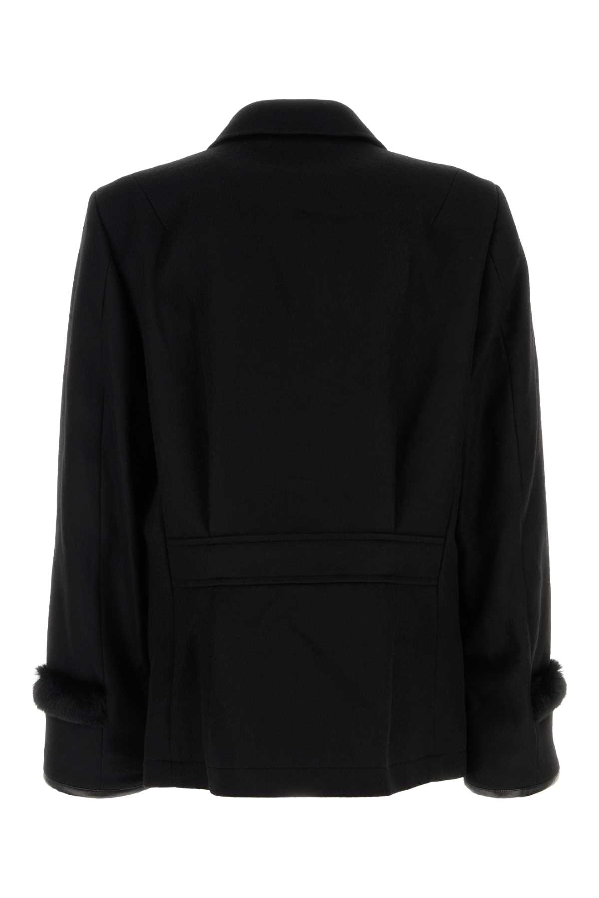 Random Identities Wool Blend Coat Fur Trim In Black
