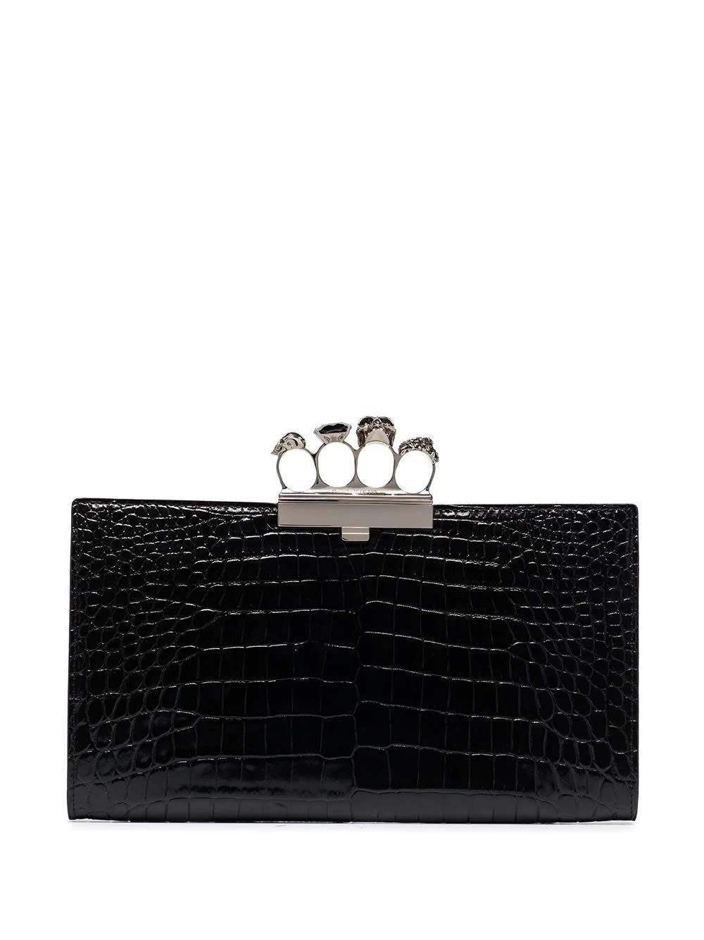 ALEXANDER MCQUEEN BLACK FOUR-RING SKULL FLAT CLUTCH WITH CROCODILE EFFECT
