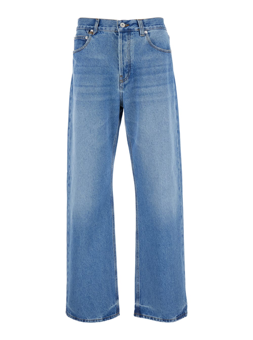 Shop Jacquemus Le De Nimes Droit Light Blue Five-pocket Jeans With Logo Patch In Cotton Denim Man