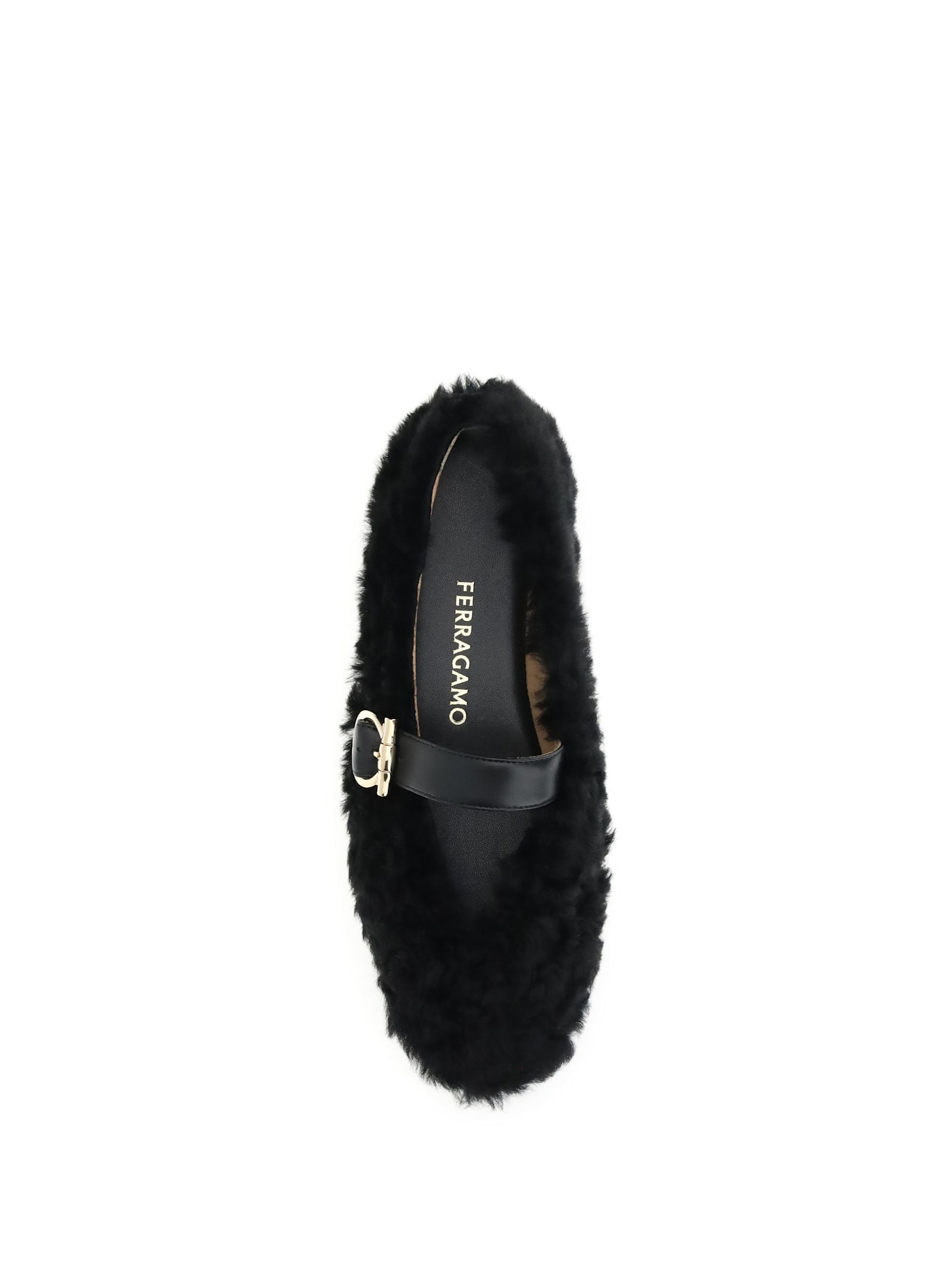 Ferragamo Black Ballerinas With Shearling Design And Buckle In Leather Woman In Black