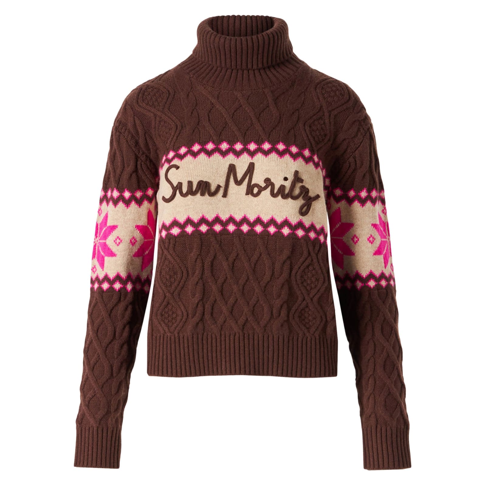 Shop Mc2 Saint Barth Woman Half-turtleneck Sweater With Sun Moritz Lettering In Brown