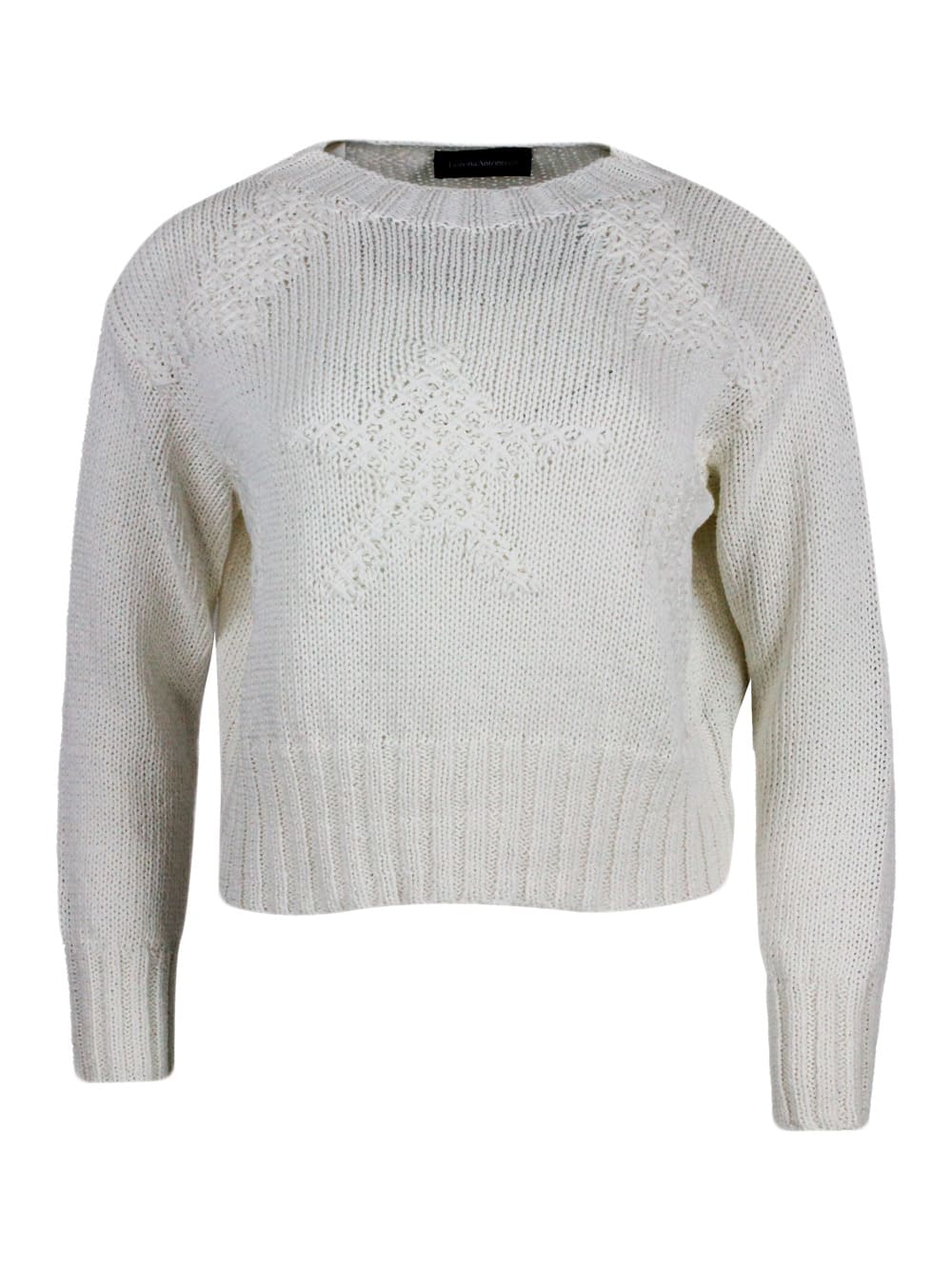 Shop Lorena Antoniazzi Long-sleeved Crew-neck Sweater In Cotton With Refined Star Work On The Front In Cream
