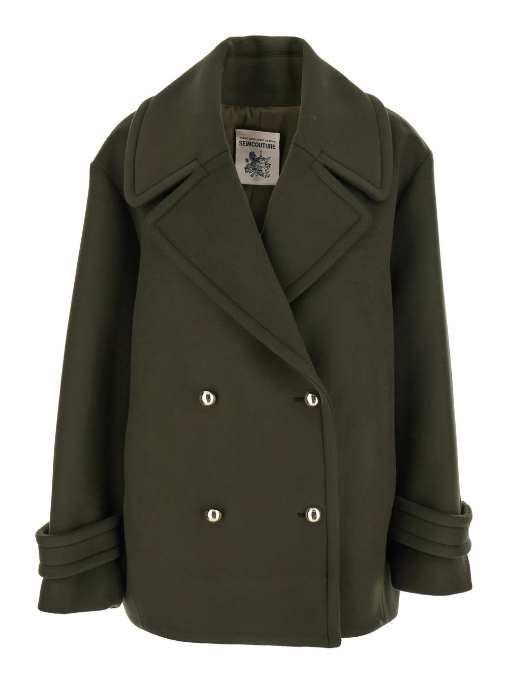 Green Double-breasted Short Coat With Wide Notched Revers In Wool Blend Woman