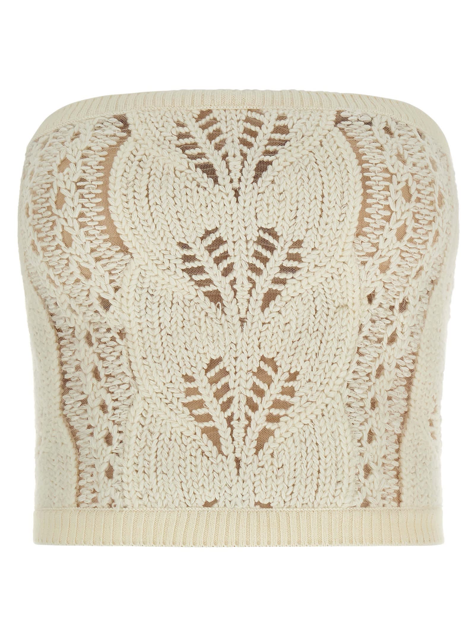 Ermanno Scervino Strapless Cropped Knit Top With Sheer Accents In Brown