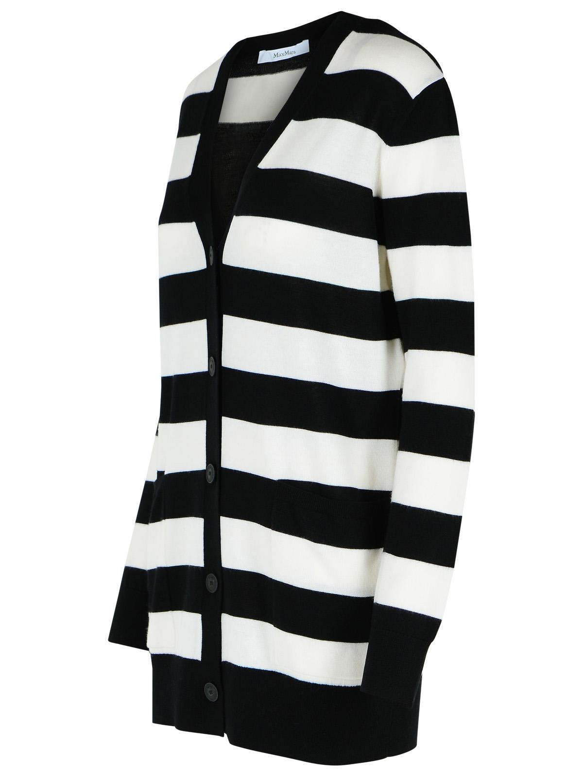 Max Mara Bold Black And White Striped V-neck Sweater With Button-down Front In Multi