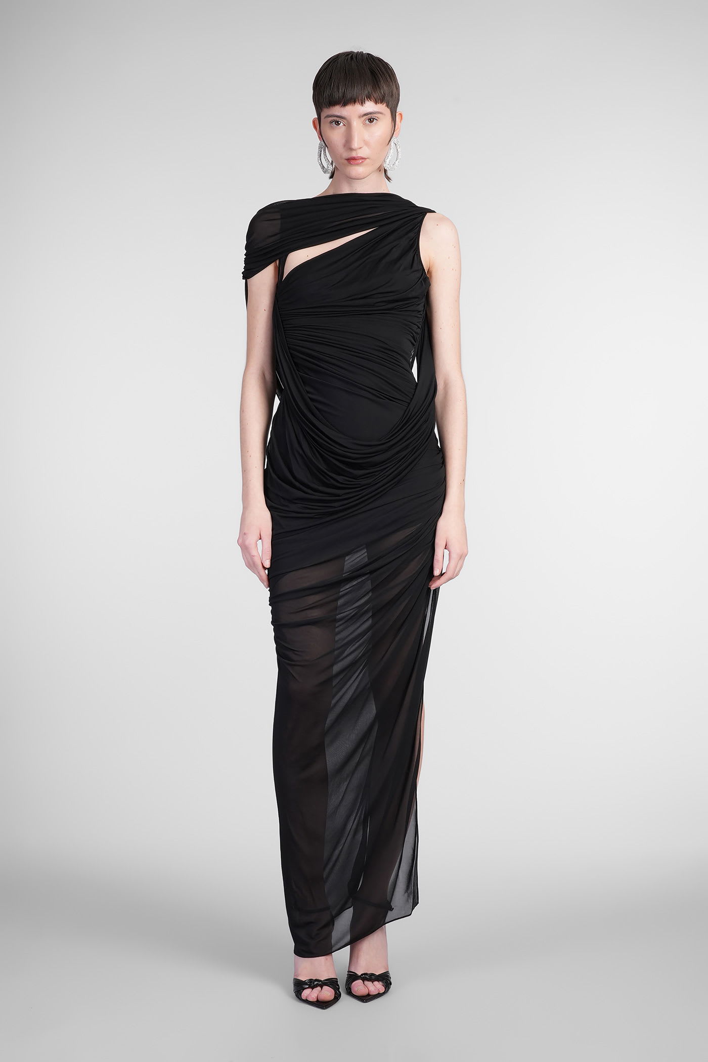 Mugler Draped Sheer Mesh Gown In Black