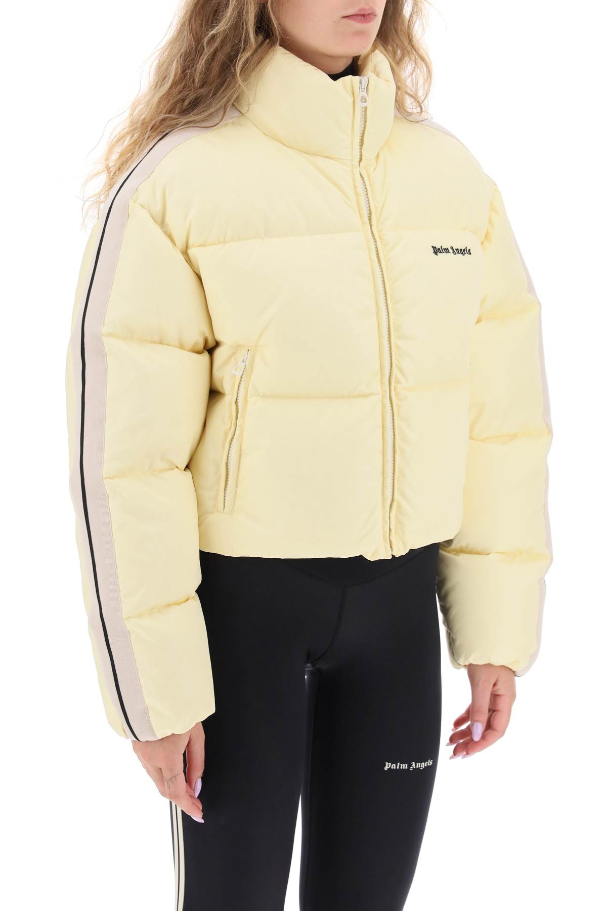 Shop Palm Angels Cropped Puffer Jacket With Bands On Sleeves In Butter Black (yellow)