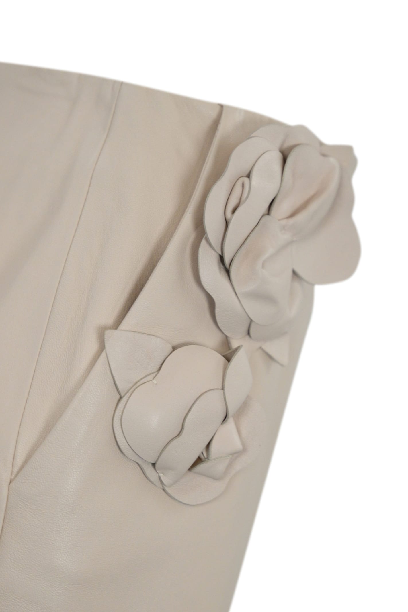 Elisabetta Franchi Leather Skirt With Floral Applications In Burro