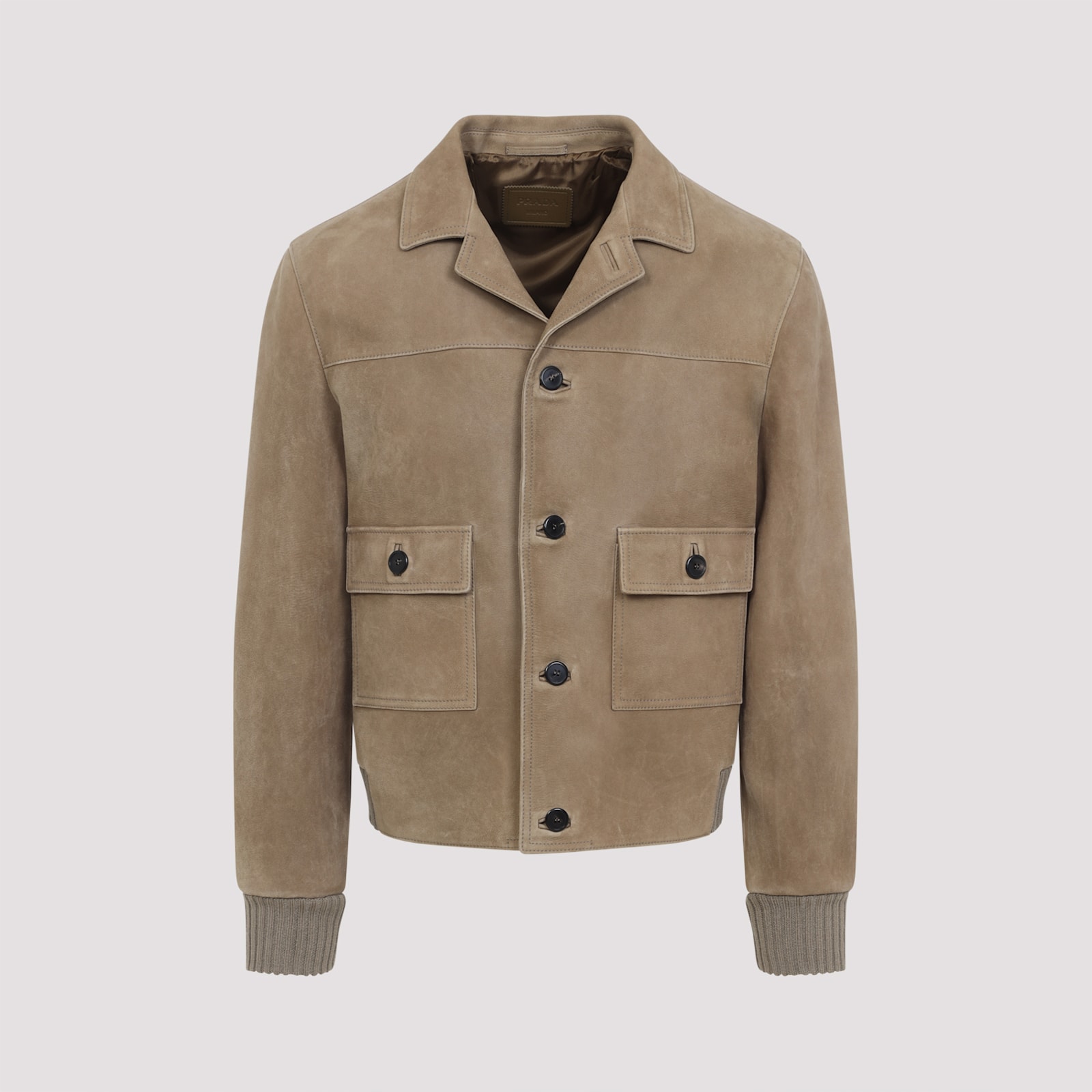 Prada Pointed Collar Lamb Leather Blouson In Brown