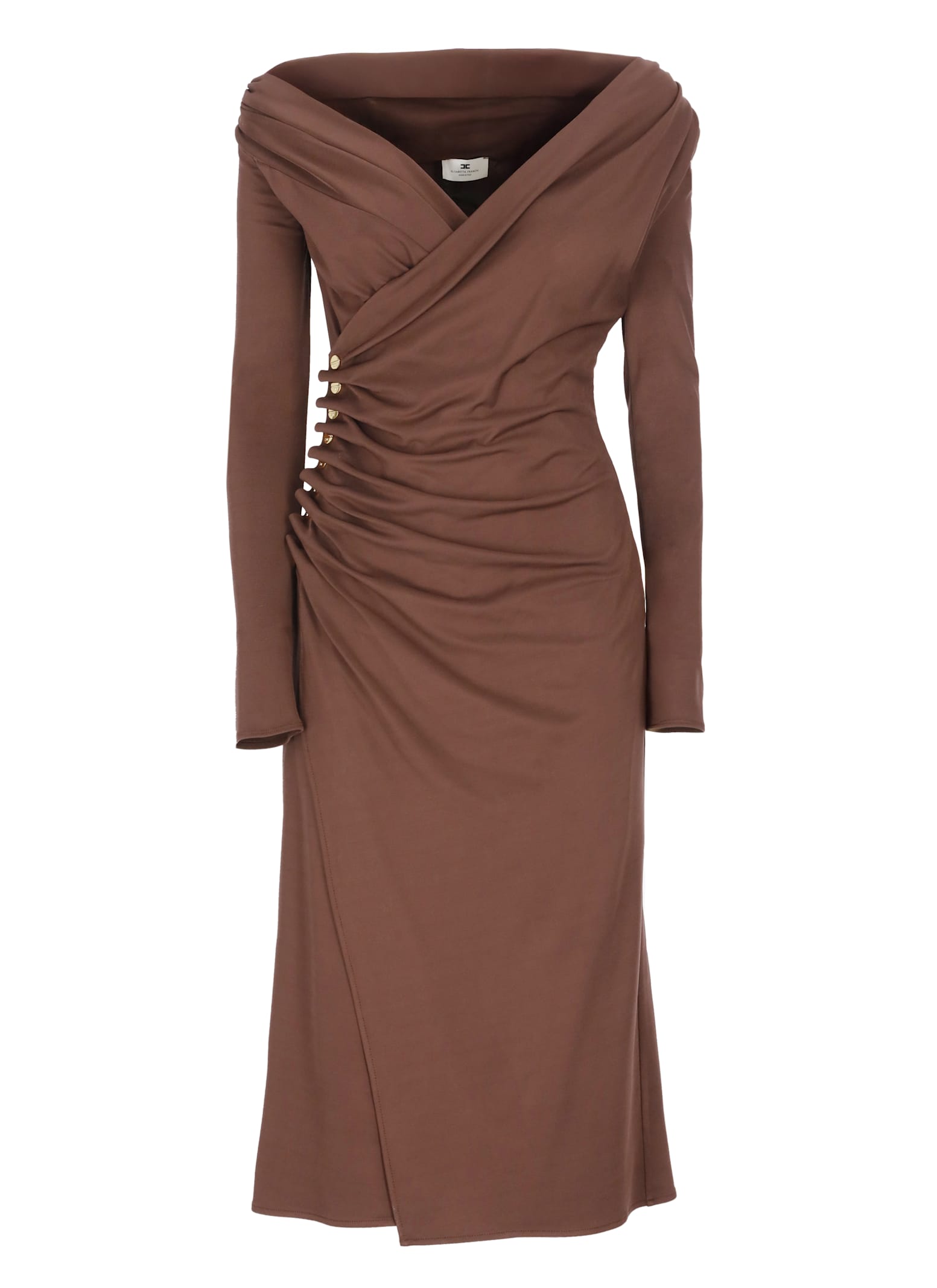 Elisabetta Franchi Deep V-neck Midi Dress With Metallic Accents In Brown