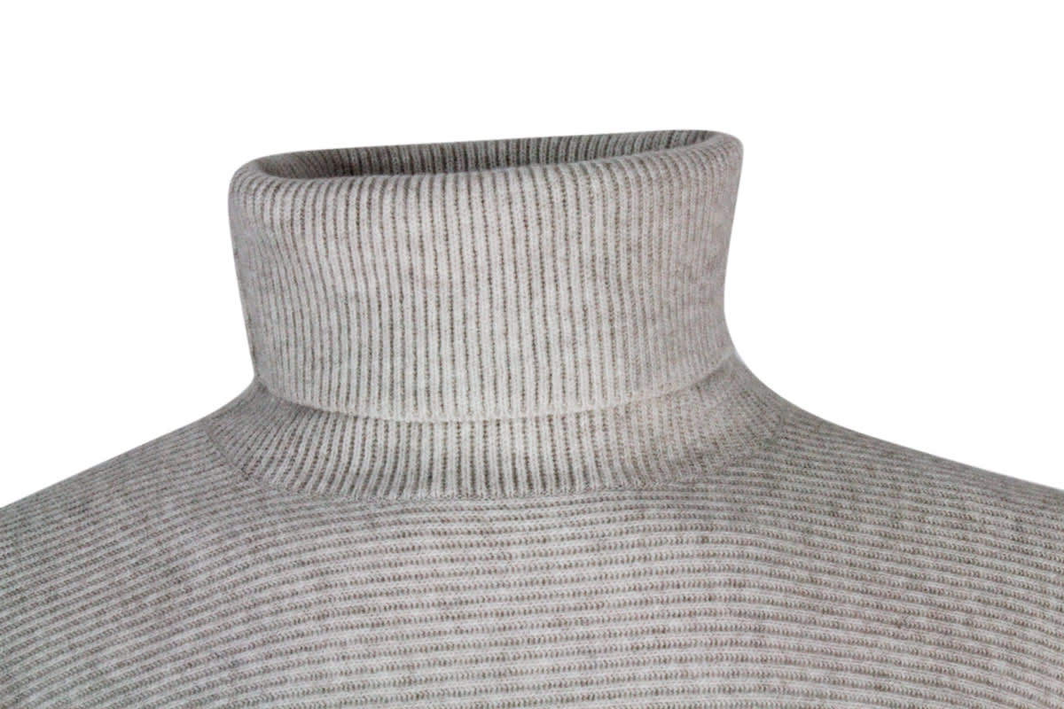 Shop Brunello Cucinelli High Neck Sweater In Wool, Silk And Cashmere With English Rib Knit With Precious Shiny Monili On The In Beige