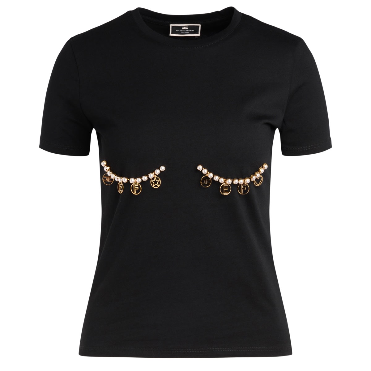T-shirt Elisabetta Franchi In Cotone Nero Con Perle E Charms