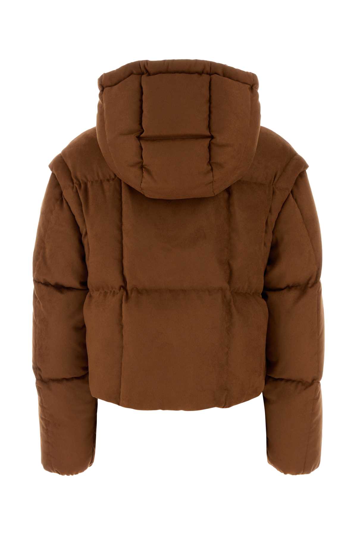Moncler Caramel Stretch Polyester Paterne Down Jacket In Brown