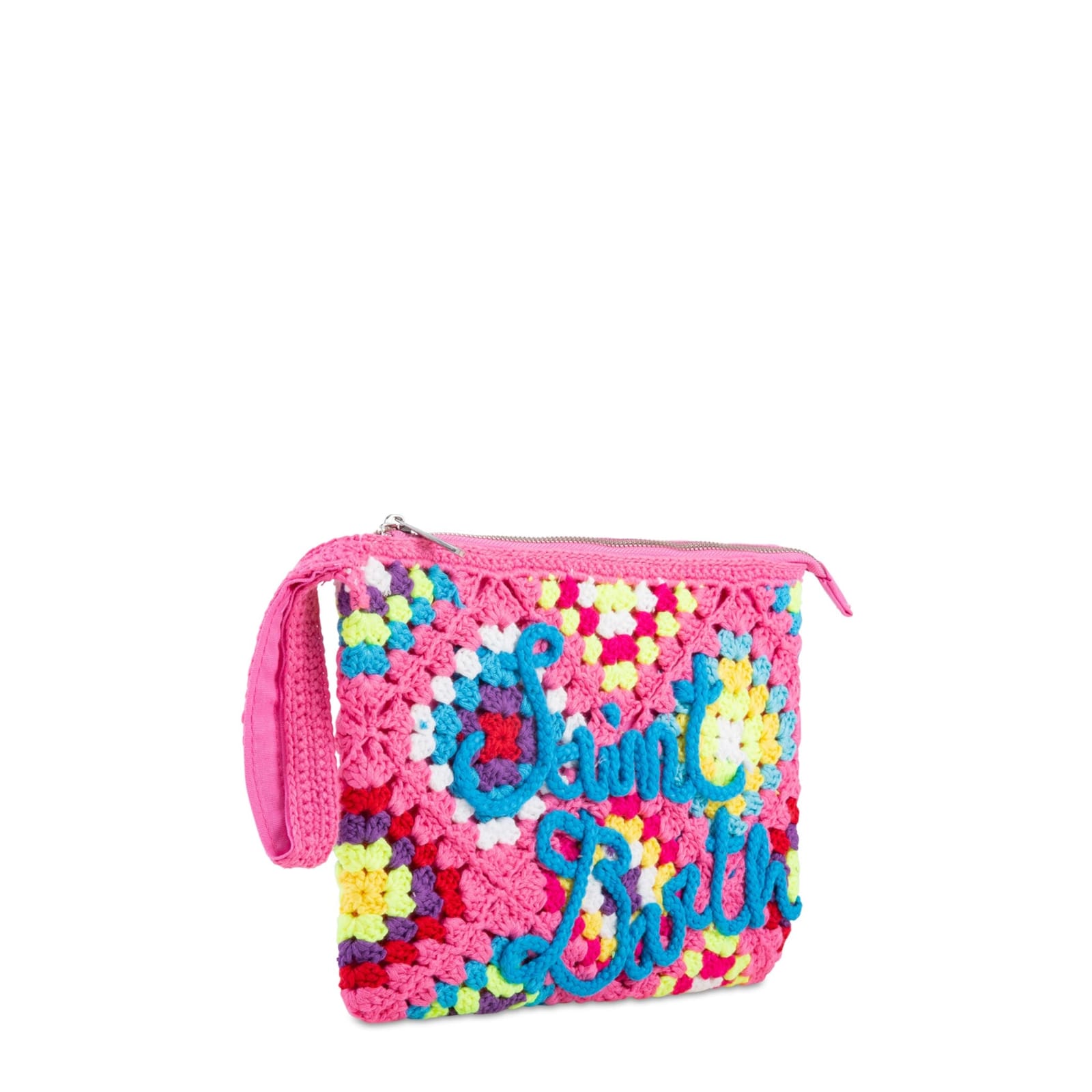 Shop Mc2 Saint Barth Parisienne Pink Crochet Pouch Bag With Saint Barth Embroidery