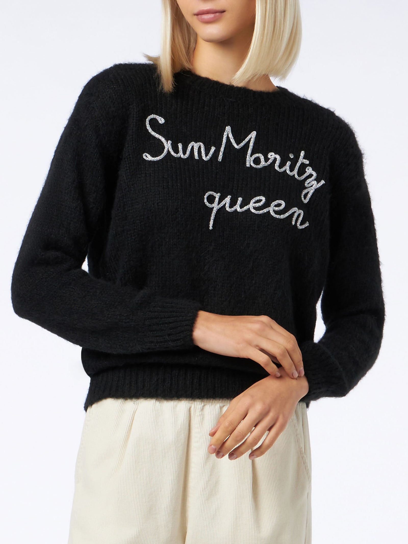 Shop Mc2 Saint Barth Woman Crewneck Soft Sweater With Sun Moritz Queen Embroidery In Black