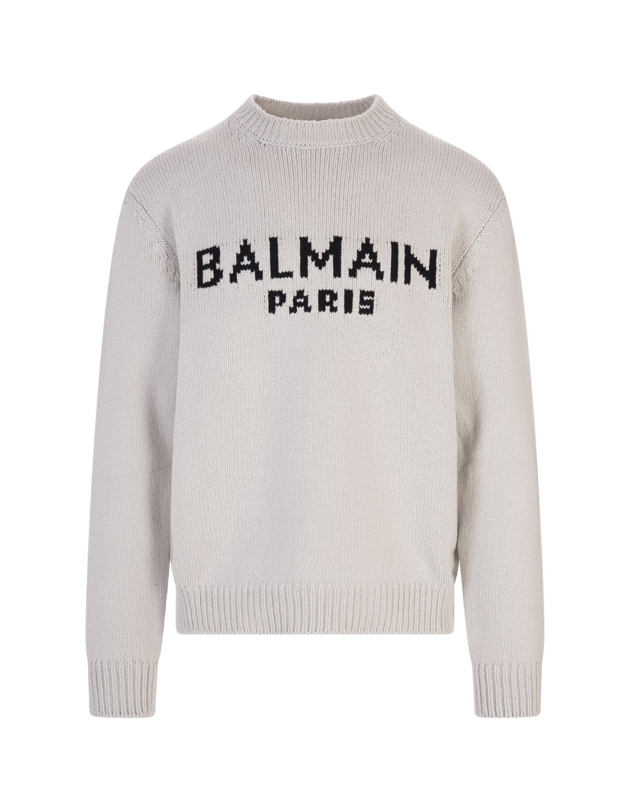 Balmain Man Grey Wool Sweater With Black Logo