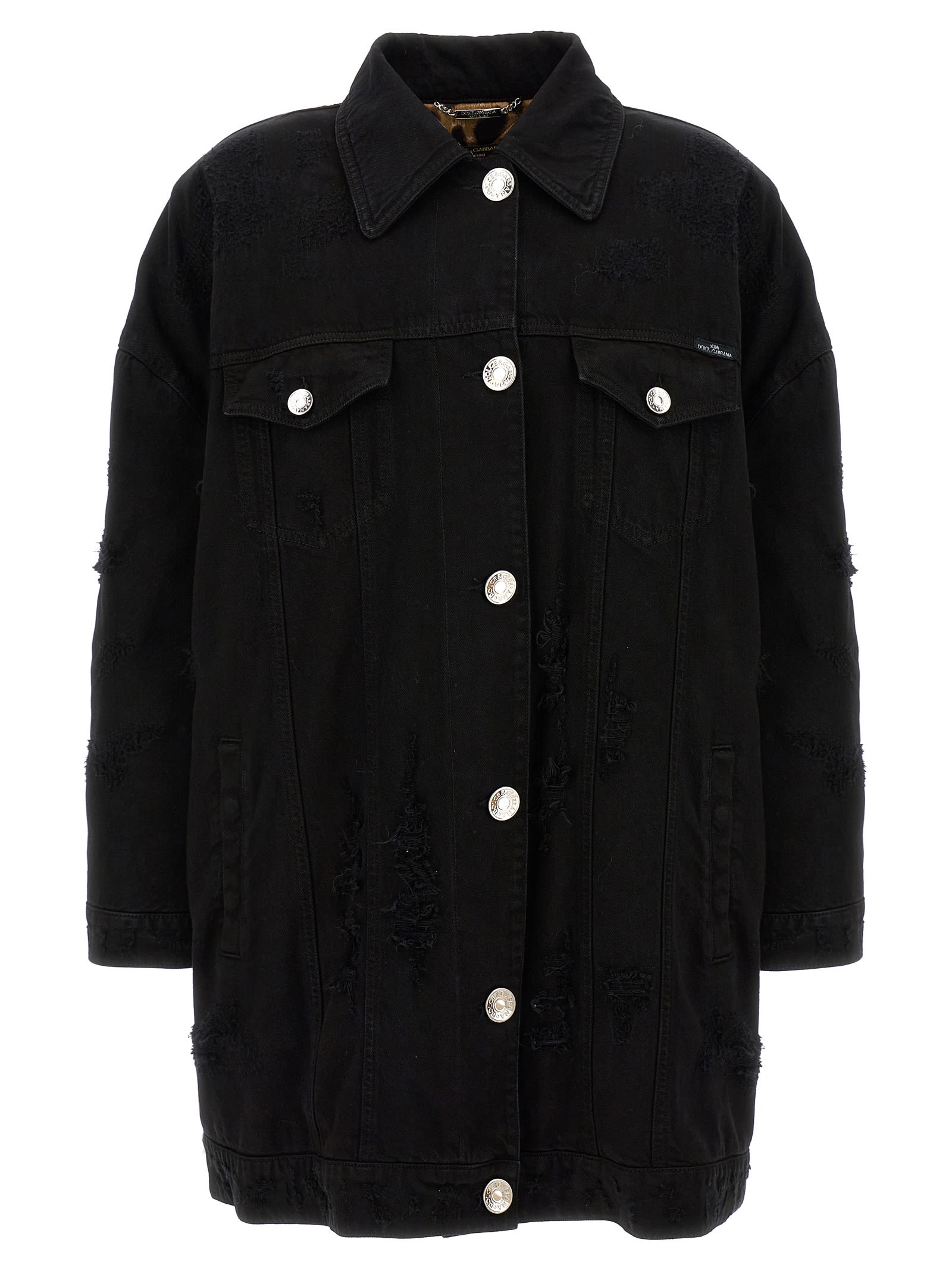 Dolce & Gabbana Longline Distressed Denim Jacket With Chest Pockets In Black