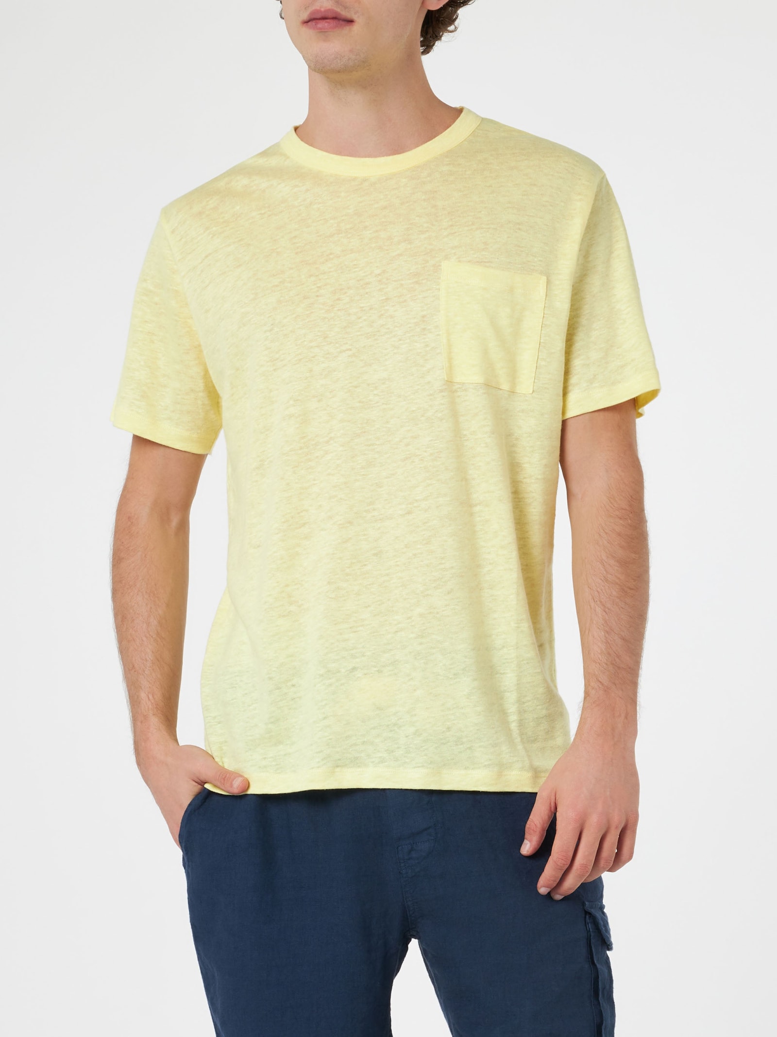 Shop Mc2 Saint Barth Man Yellow Linen Jersey T-shirt Ecstasea With Pocket