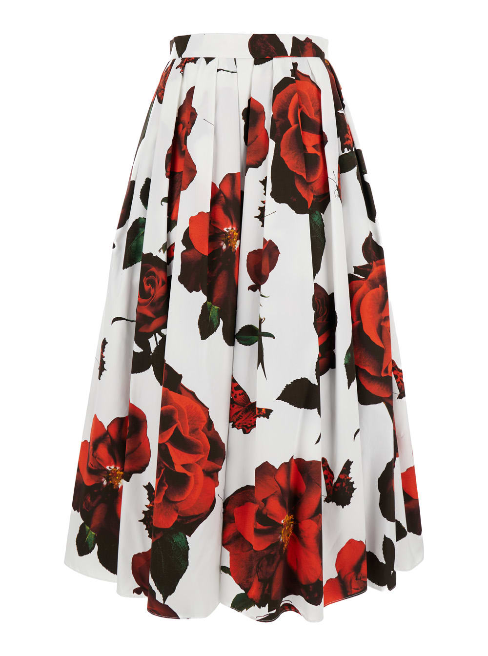 Tudor Rose Print Pleated Midi Skirt In Cotton Woman