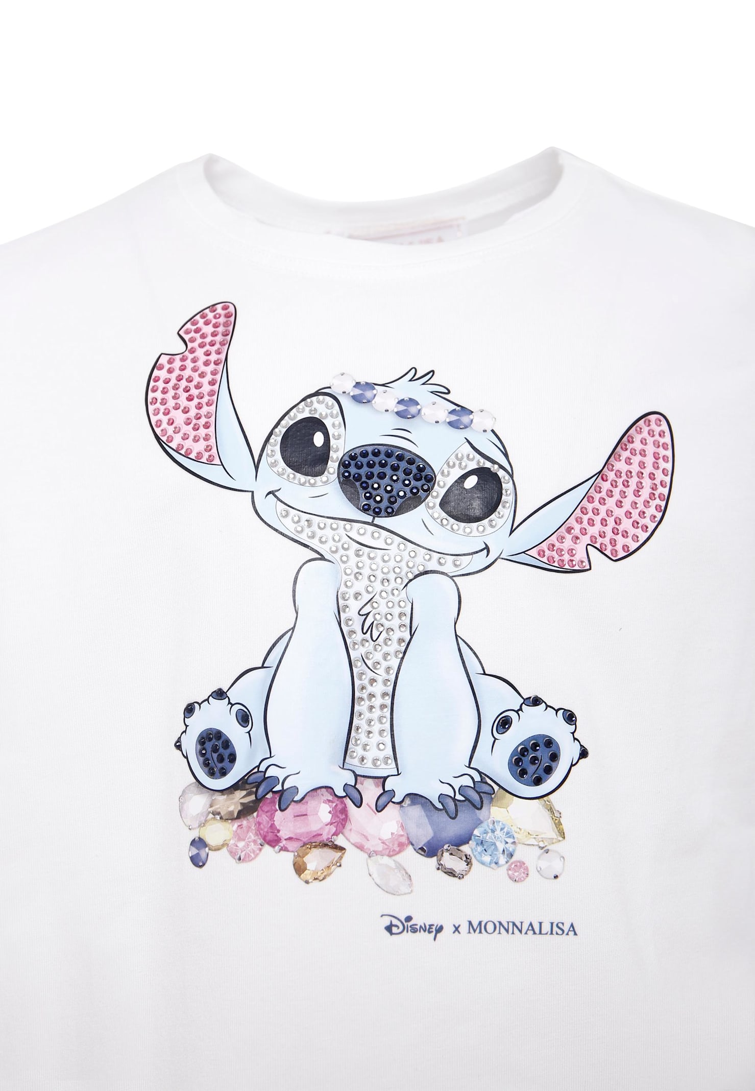 Monnalisa White T-shirt For Girl With Stitch Print In Gold