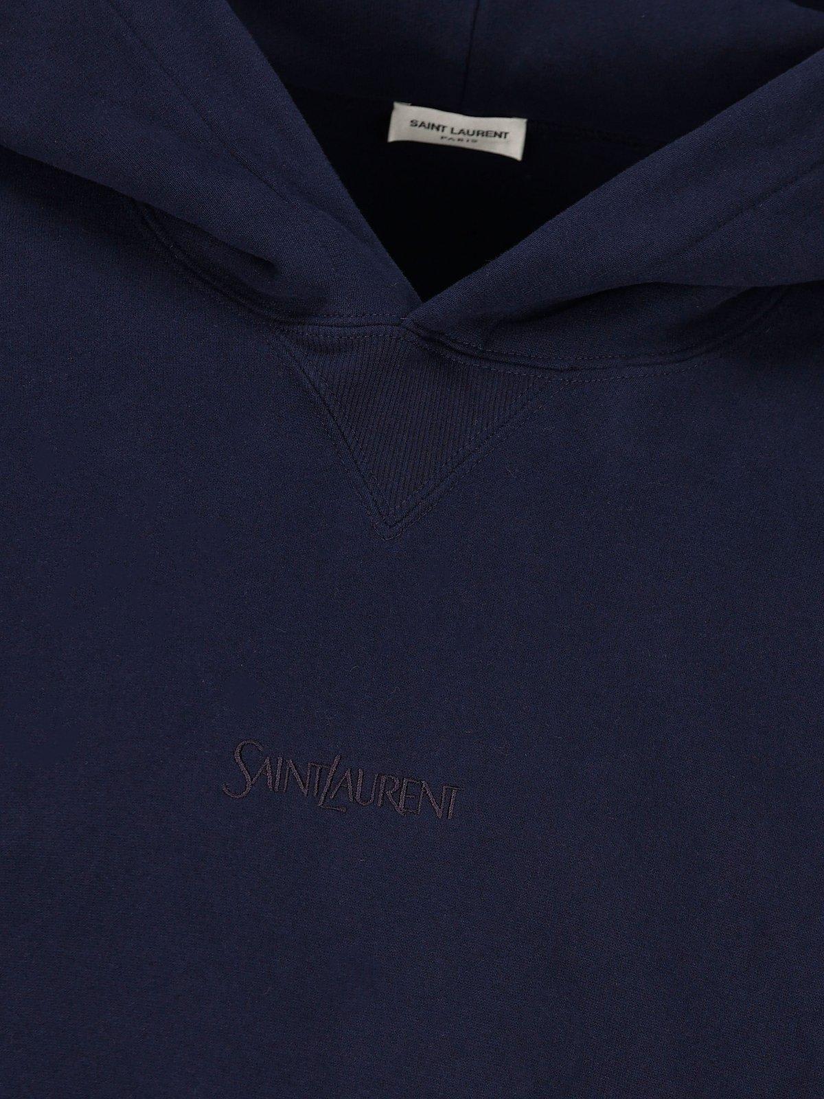 Shop Saint Laurent Logo Embroidered Long-sleeved Hoodie In Navy