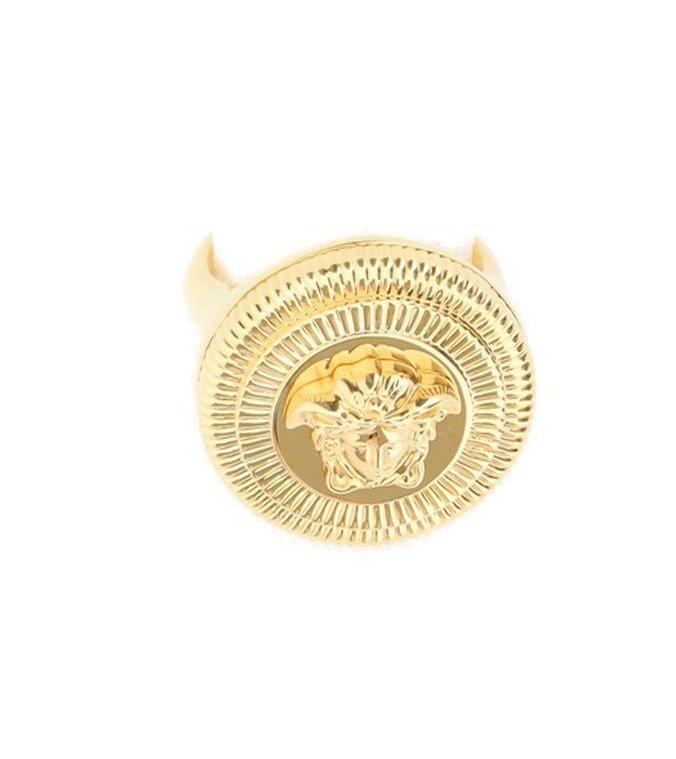 Shop Versace Medusa Biggie Logo Engraved Ring In Gold