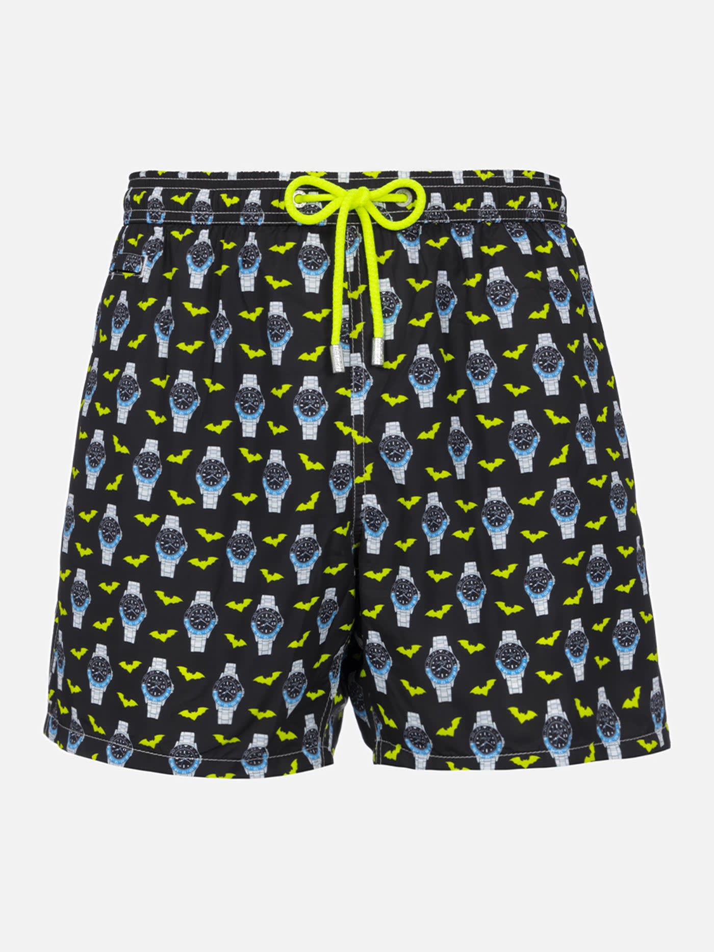 MC2 SAINT BARTH MAN LIGHTWEIGHT FABRIC SWIM-SHORTS LIGHTING MICRO FANTASY WITH WATCHES PRINT