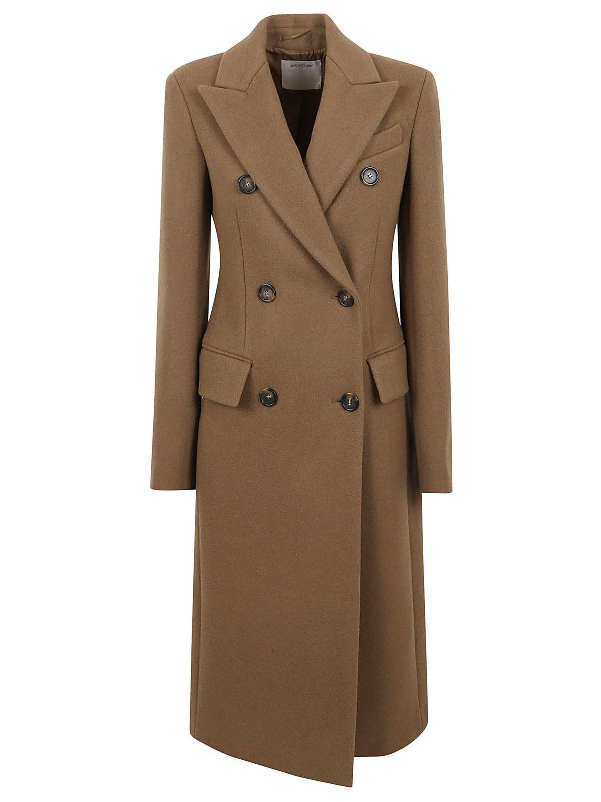 Shop Sportmax Double-breasted Long-sleeved Coat In Brown