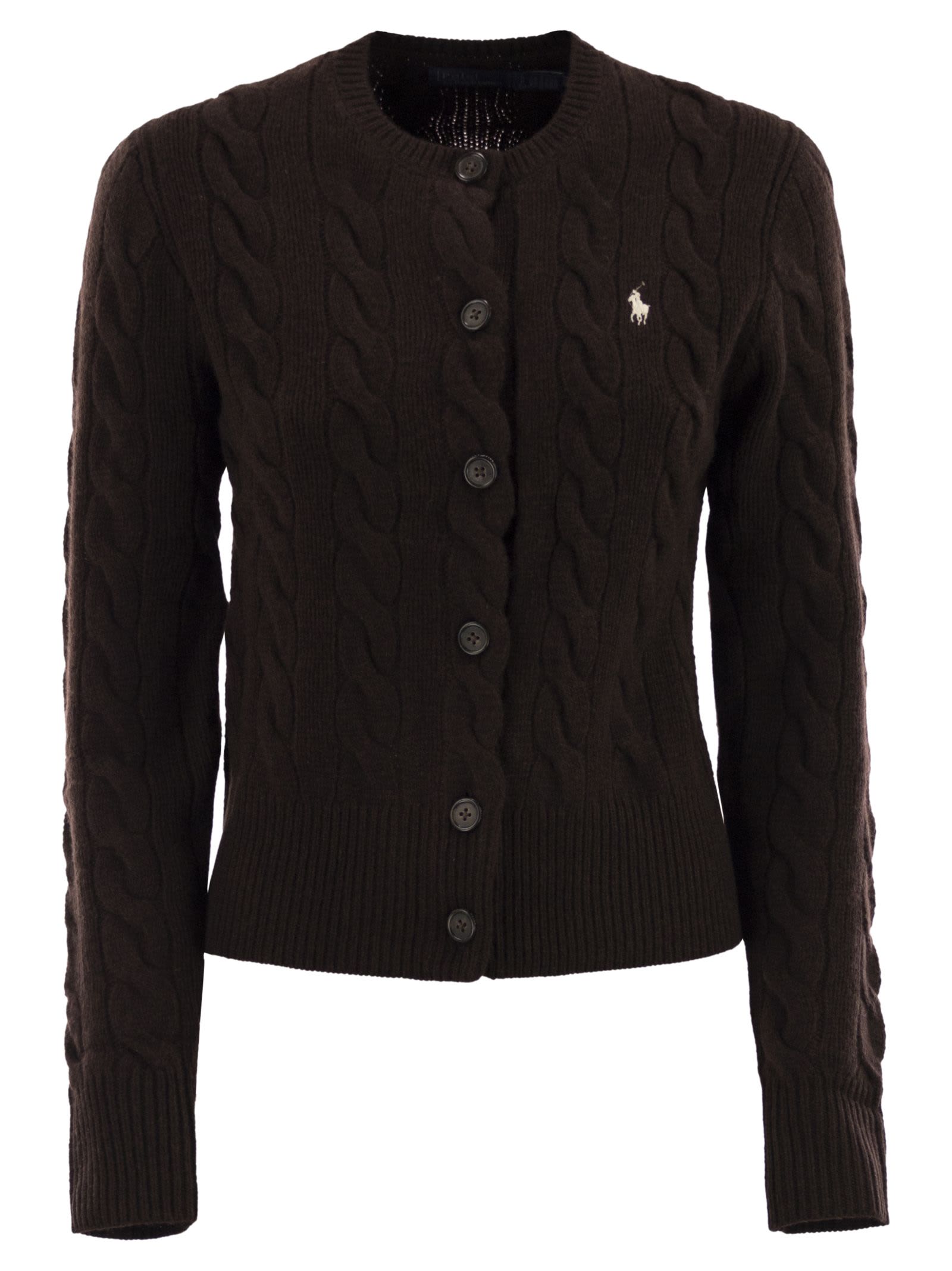 Polo Ralph Lauren Wool And Cashmere Cable Knit Cardigan In Brown