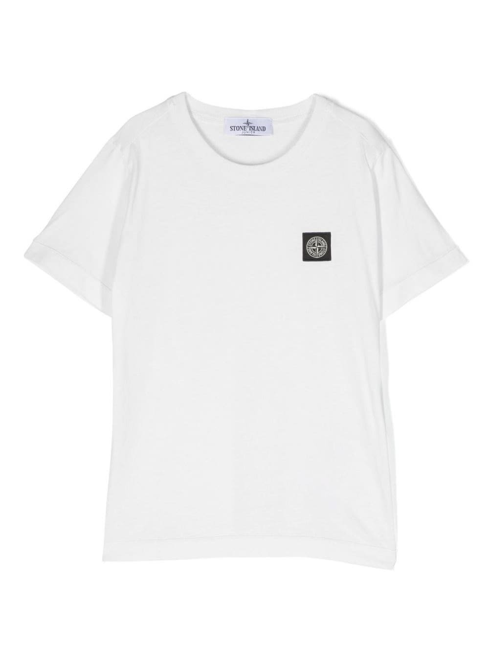 Shop Stone Island Junior White Crewneck Short-sleeved T-shirt And Contrasting Patch Logo In Cotton Boy In Ivory