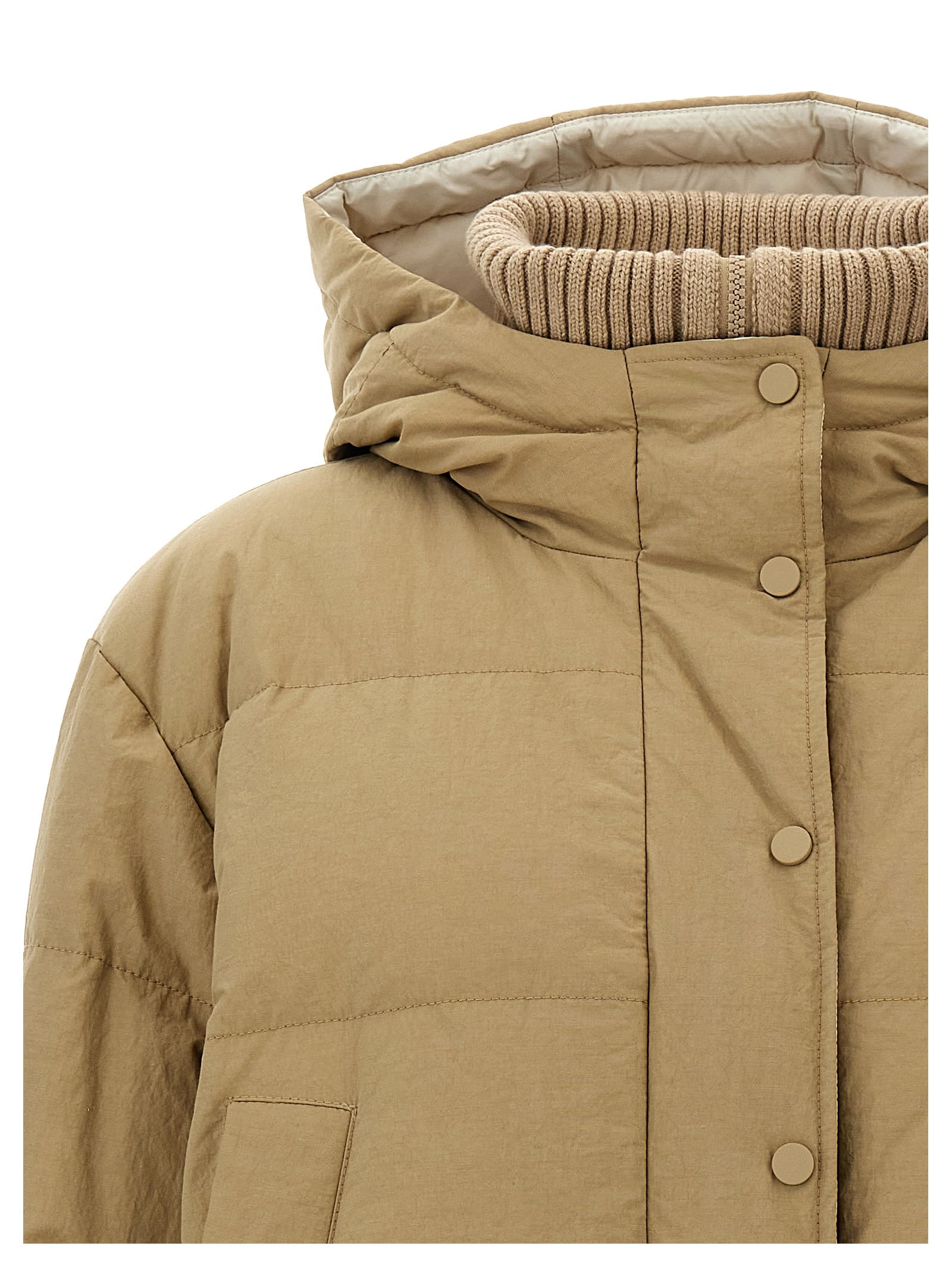 Shop Brunello Cucinelli Hooded Knit Insert Down Jacket In Beige