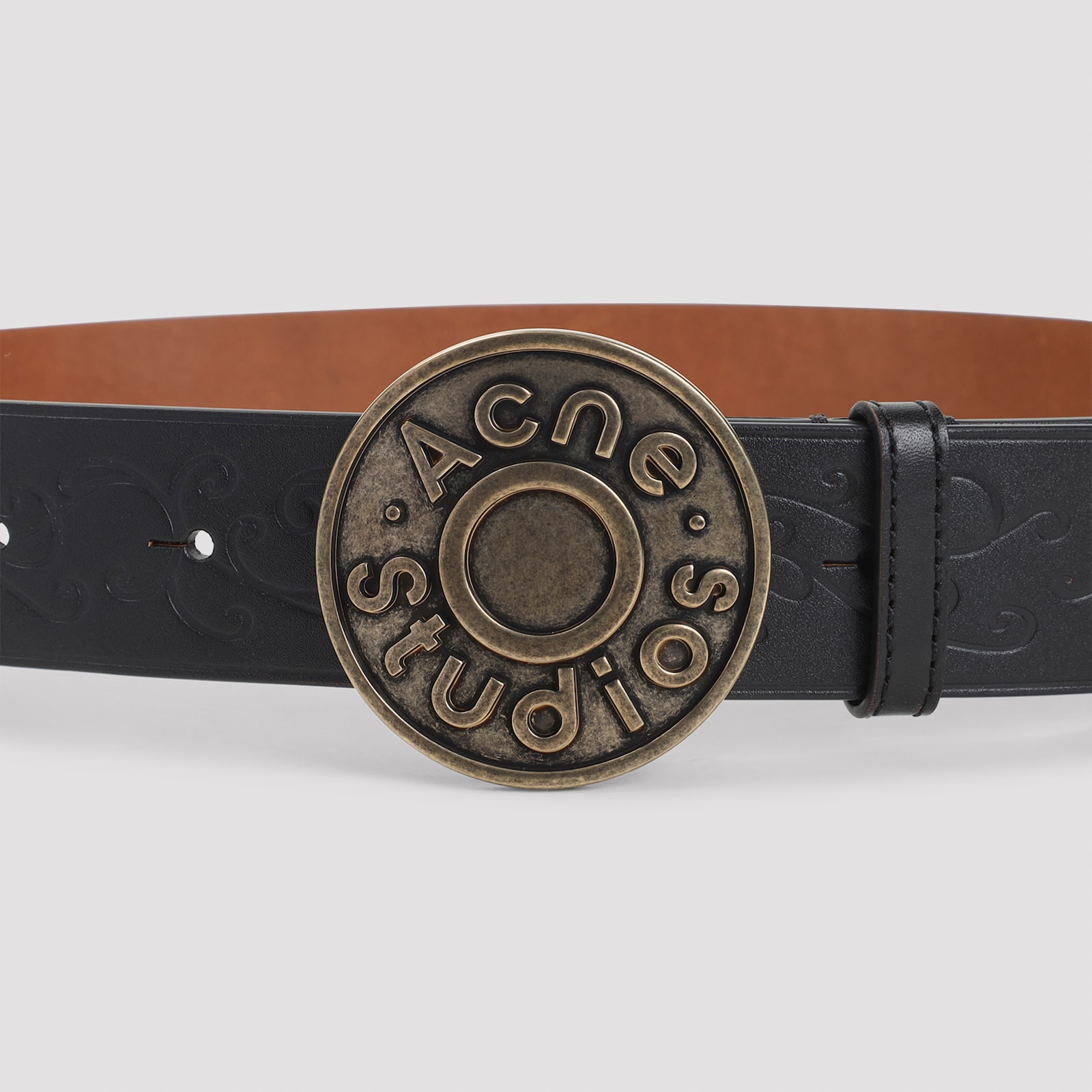Acne Studios Embossed Black Calf Leather Belt With Aged Gold-tone Buckle In Black