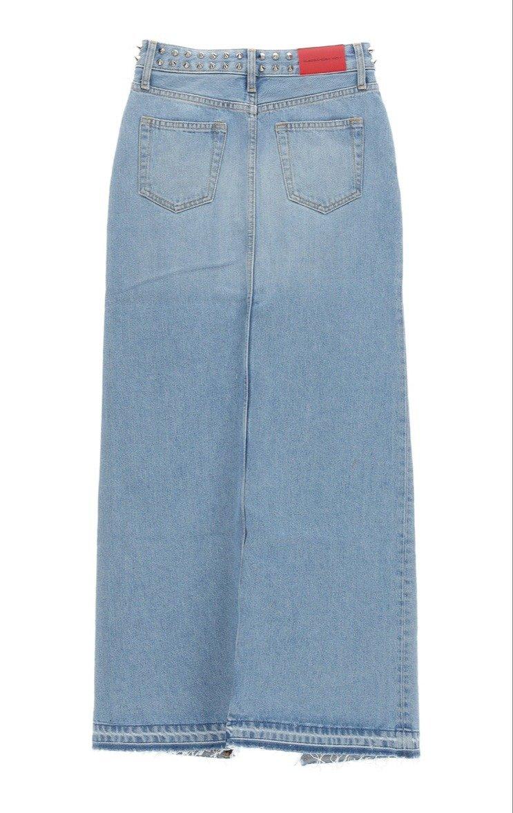 Shop Alessandra Rich Embellished Slit Detailed Denim Skirt In Blue