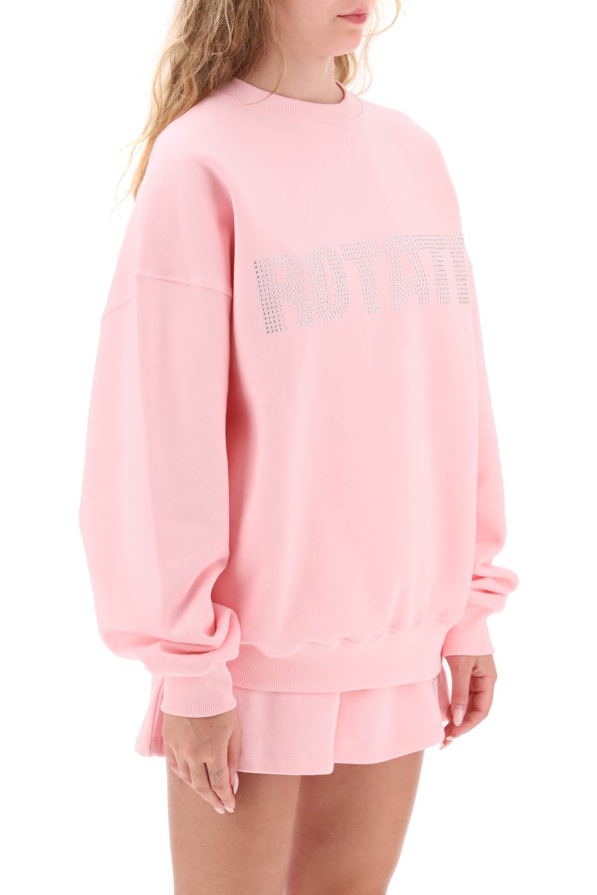 Shop Rotate Birger Christensen Crew-neck Sweatshirt With Rhinestone-studded Maxi Logo In Almond Blossom (pink)