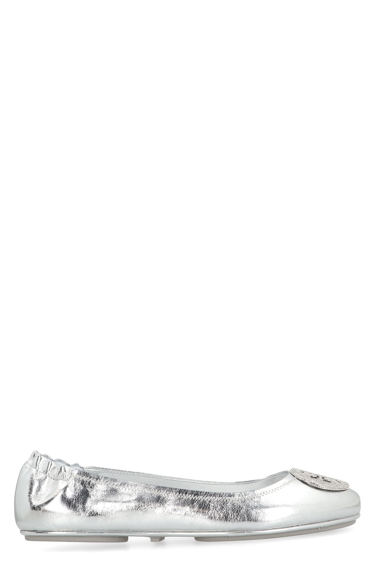Tory Burch Mini Travel Metallic Leather Ballet Flats In Silver