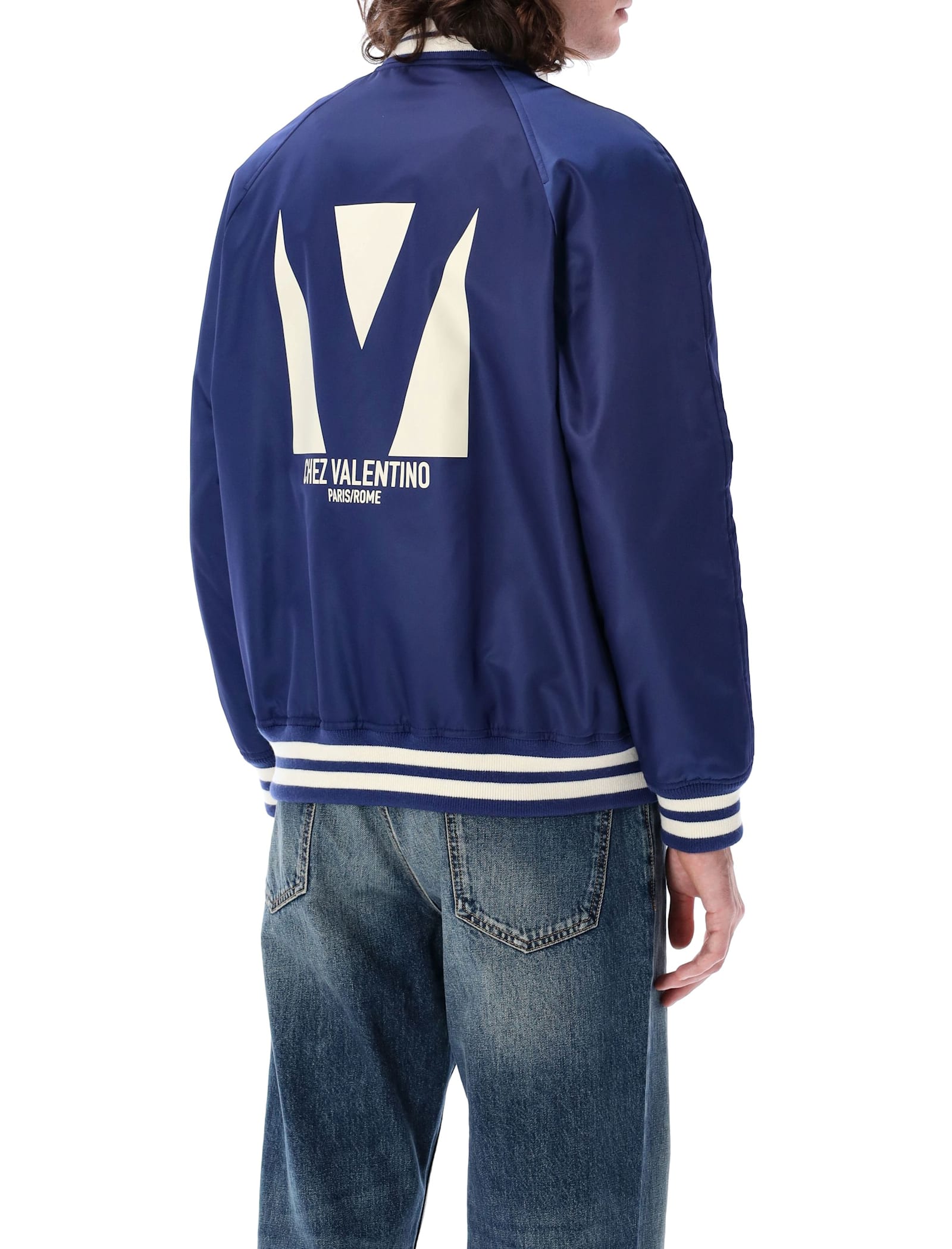 Valentino Blue Bomber Jacket In Printed Polyamide With Zip And High Collar In Blue