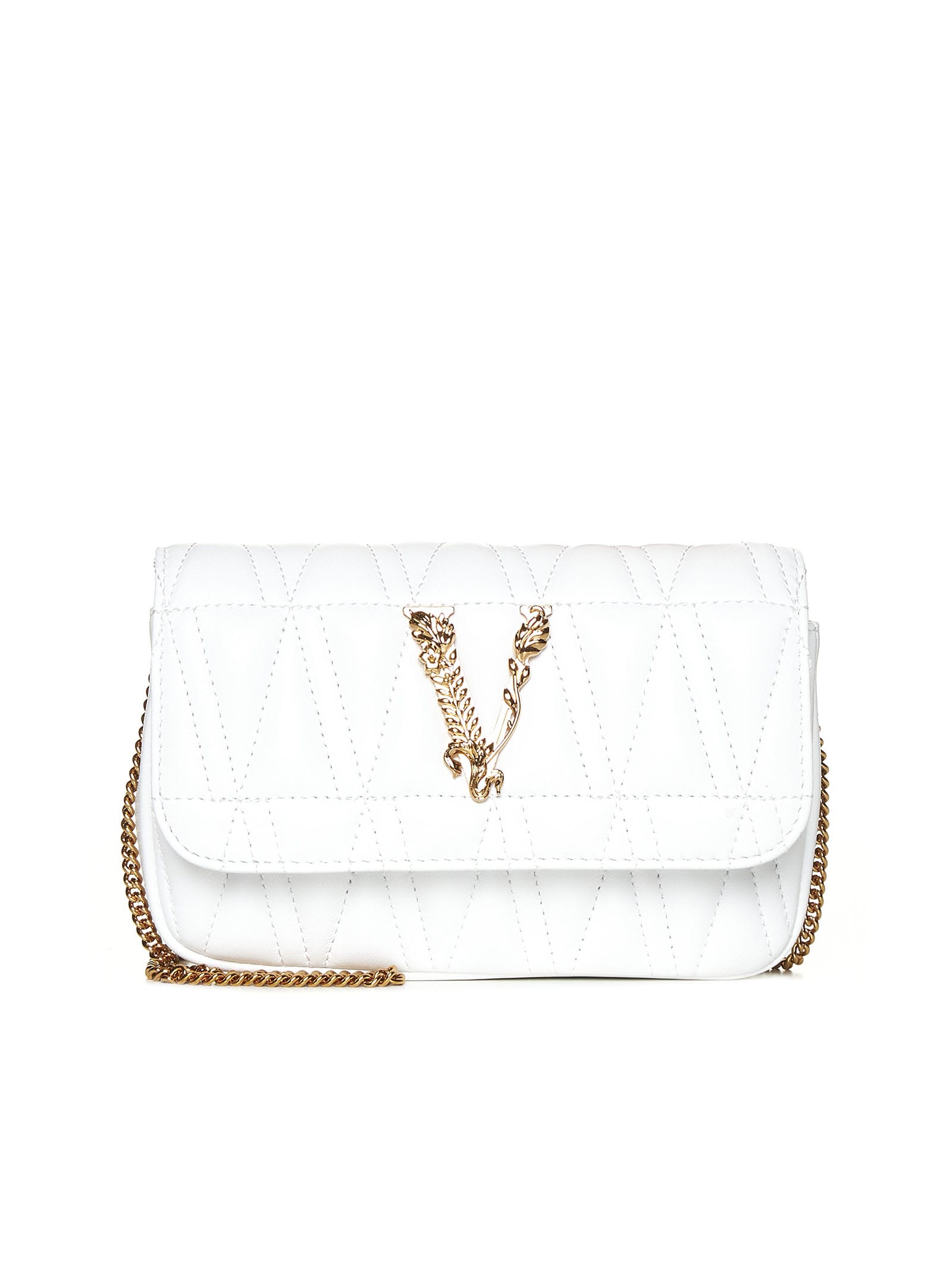 VERSACE Virtus Quilted Shoulder Bag in Bianco Ottico & Oro