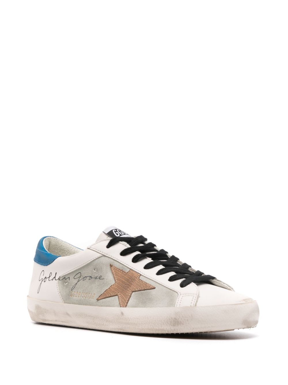 Shop Golden Goose Super Star Leather And Suede Upper Lizard Printed Star Nabuk Heel In White Ice Beige Blue