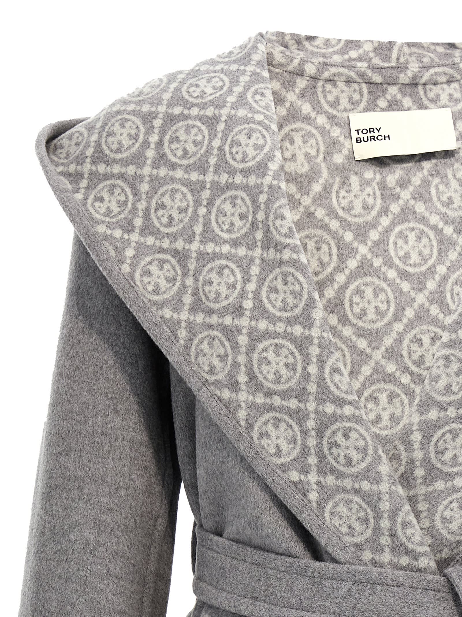 Shop Tory Burch Wool Hooded Coat In Gray