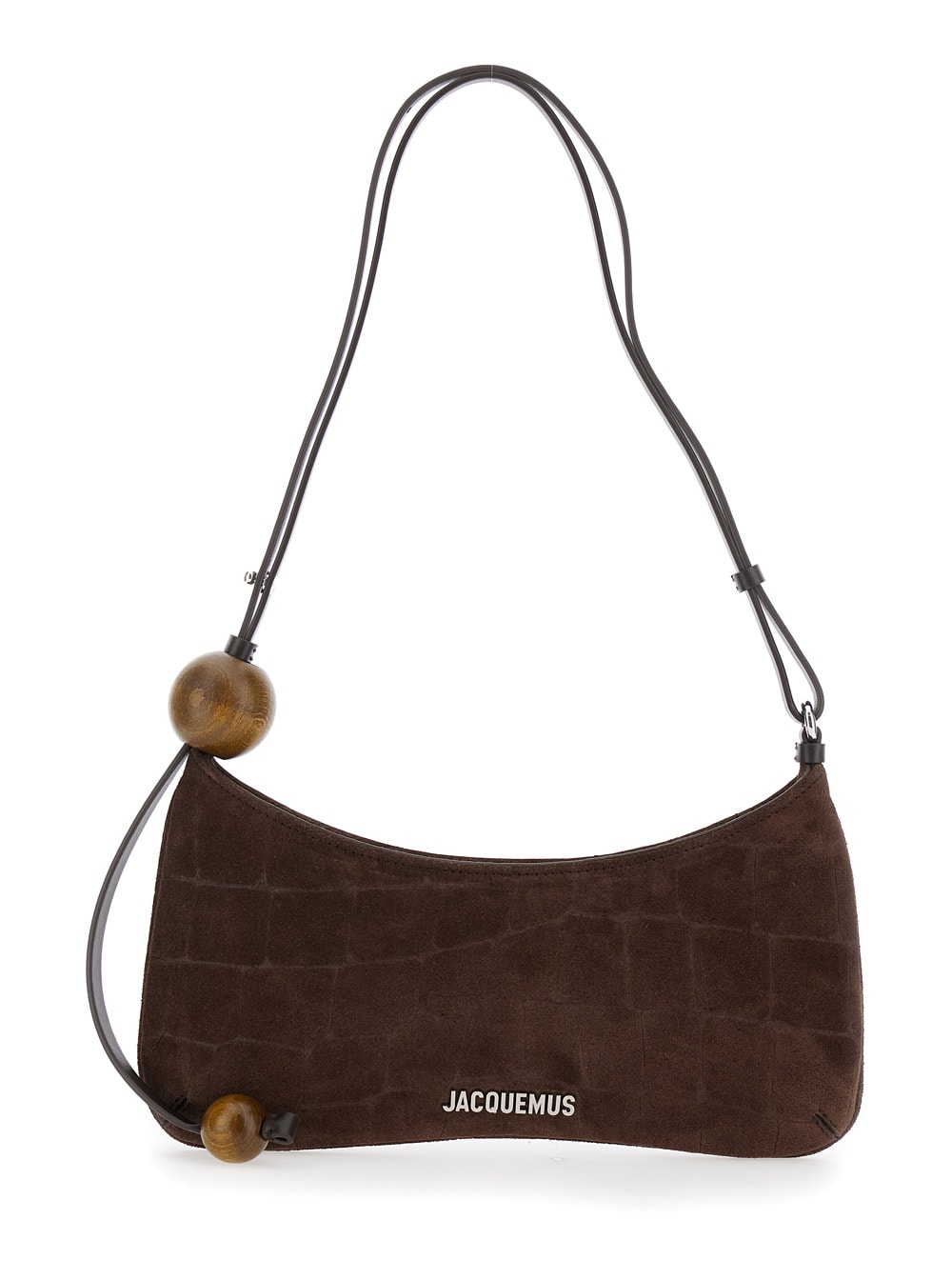 Jacquemus Le Bisou Perle Embellished Leather-trimmed Croc-effect Suede Shoulder Bag In Brown