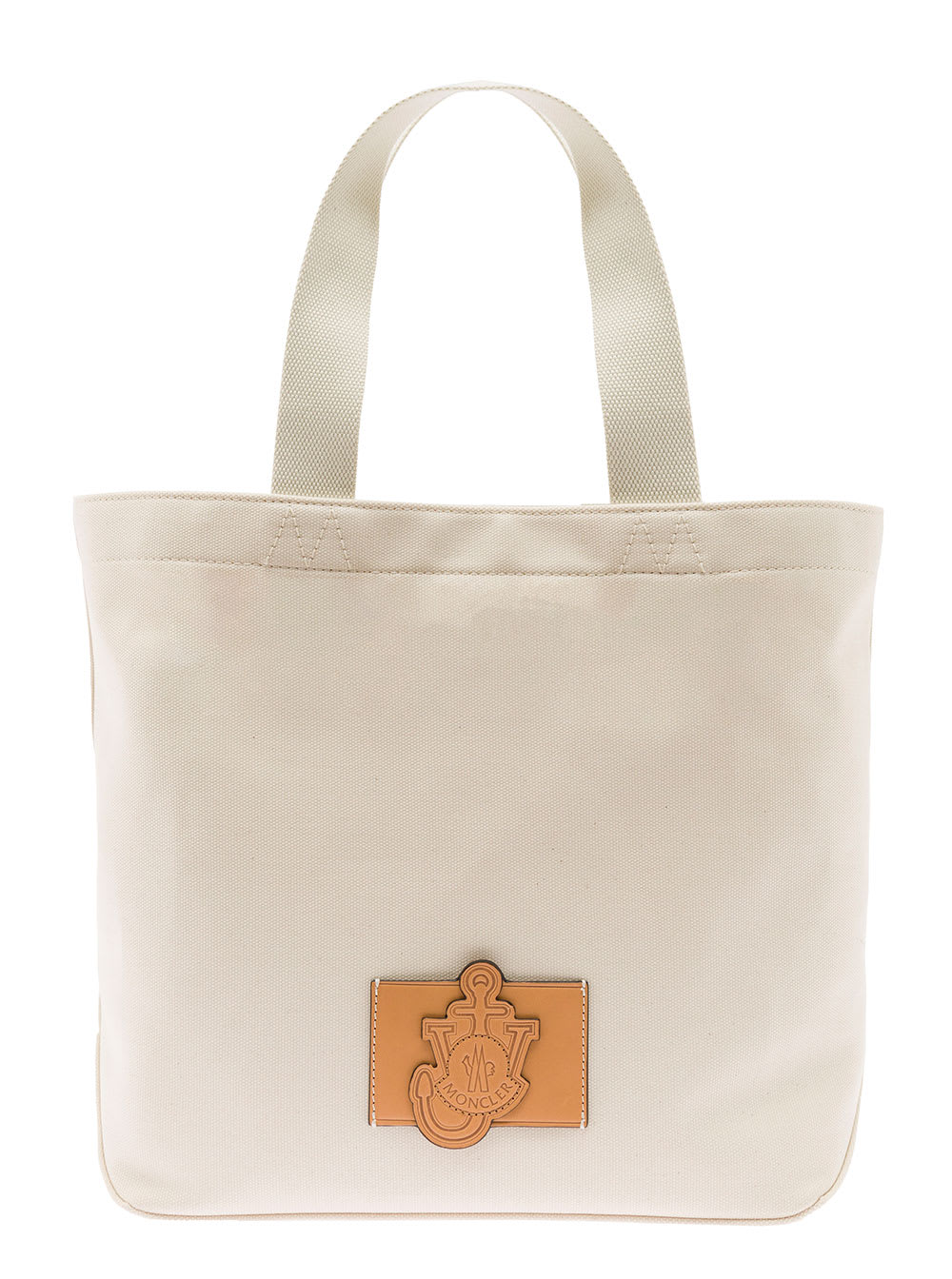 Shop Moncler Genius Medium White Tote Bag With Graphic Print And Logo Patch In Canvas Woman