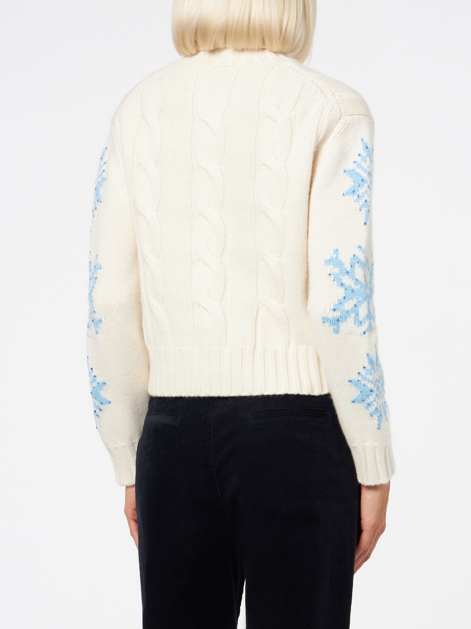 Shop Mc2 Saint Barth Woman Turtleneck Braided Sweater With Snowflake Rhinestones In White