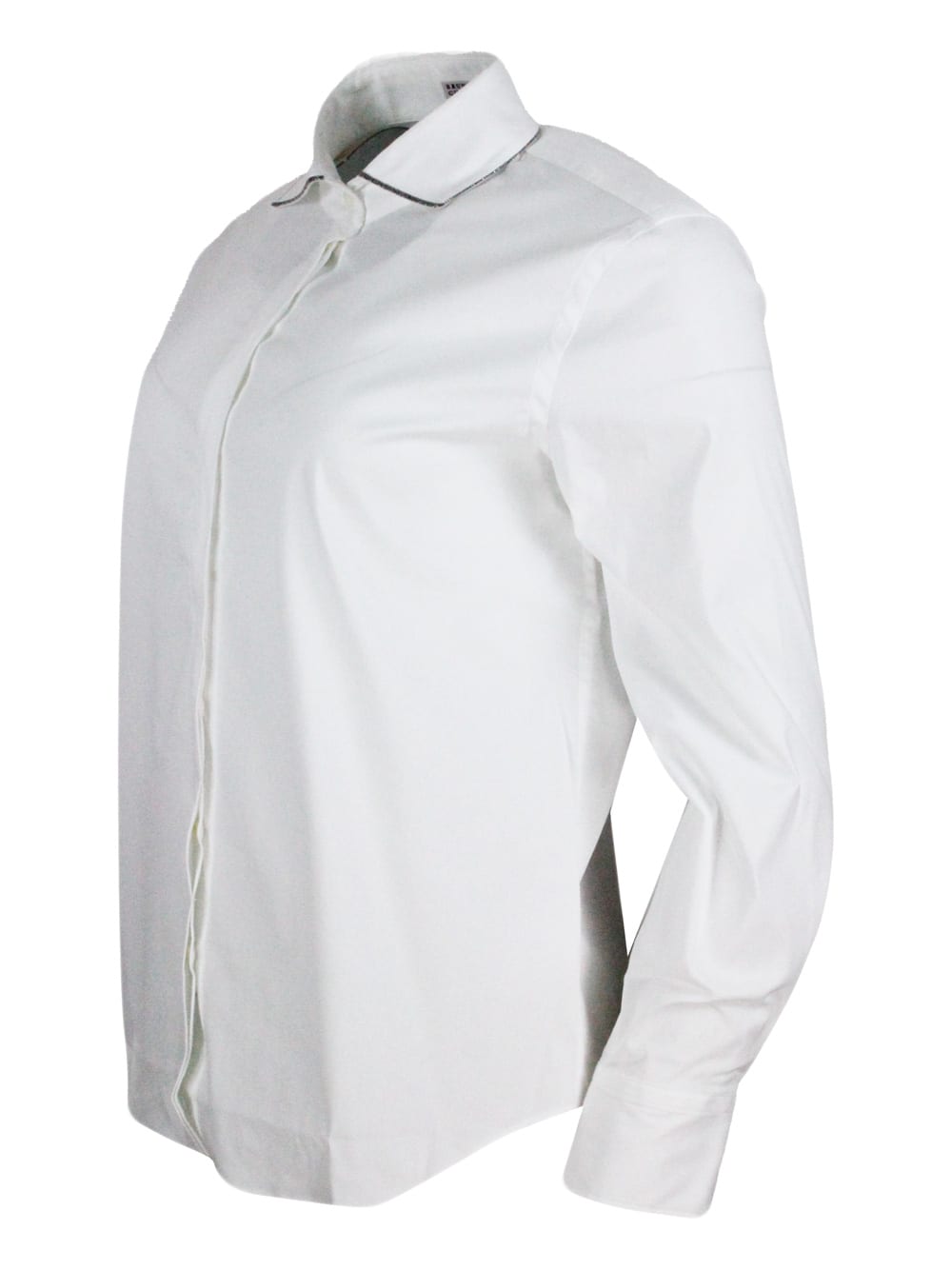 Shop Brunello Cucinelli Long-sleeved Shirt In Stretch Cotton With Shiny Monili On The Collar In White