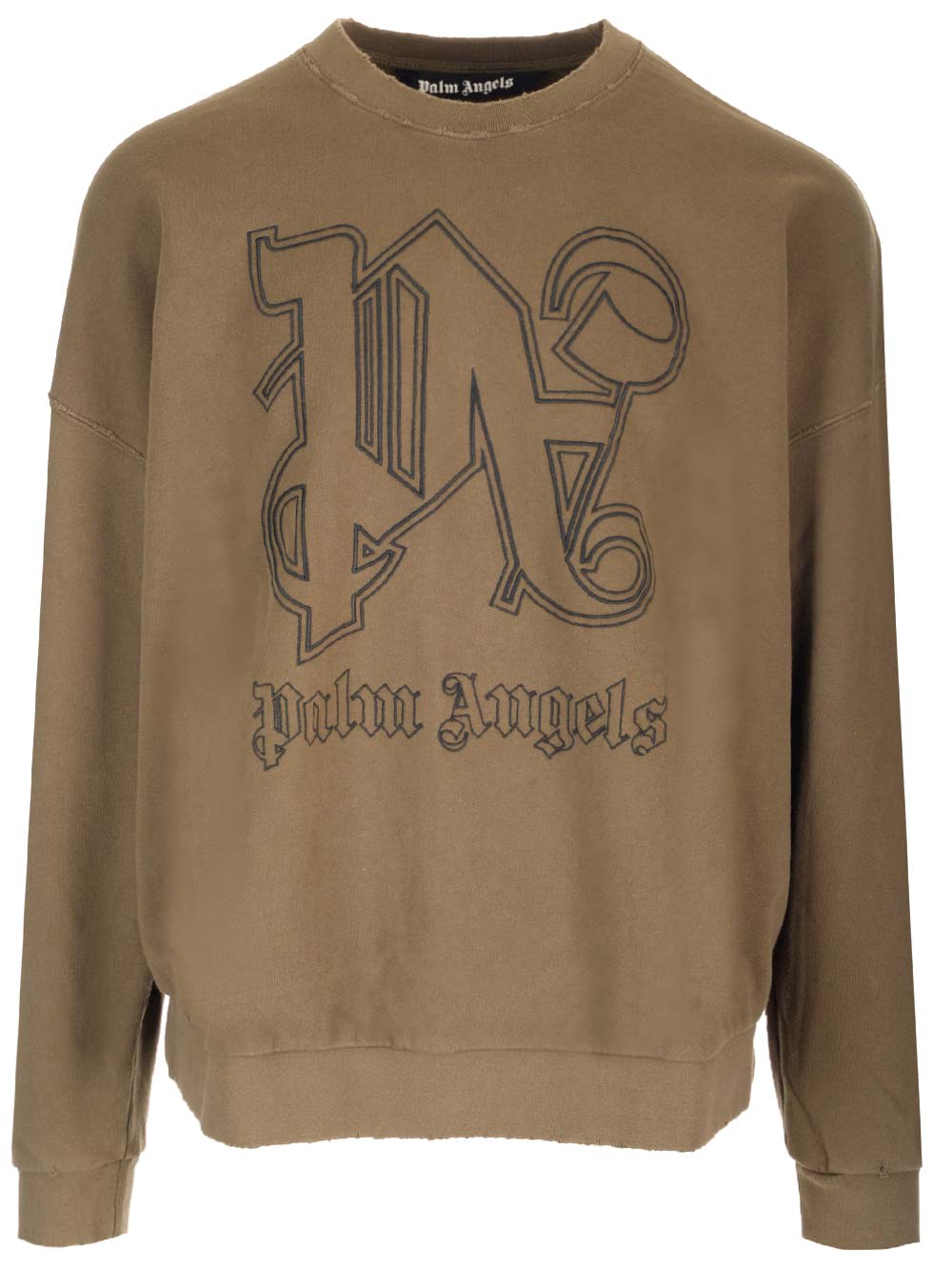 Palm Angels Organic Cotton Sweatshirt With Embroidered Monogram In Brown