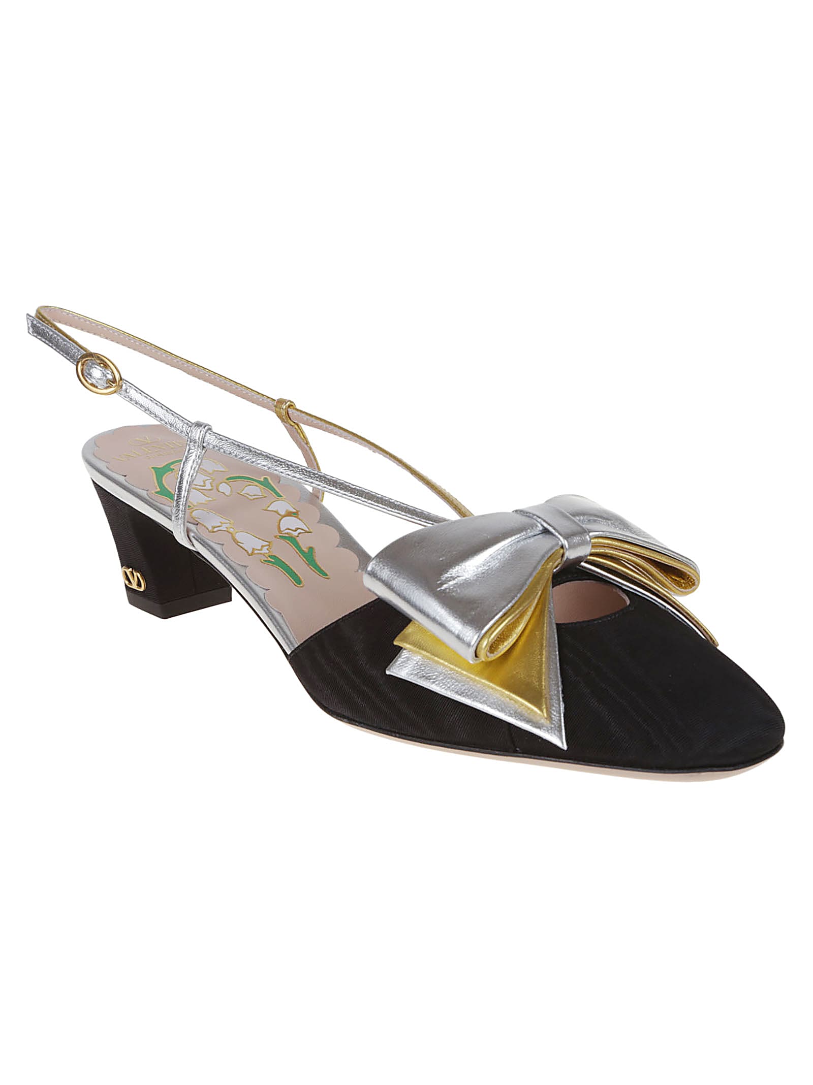 Valentino Slingback Decollete Bowow In Moire Tissue In V Nero Silver Old Gold