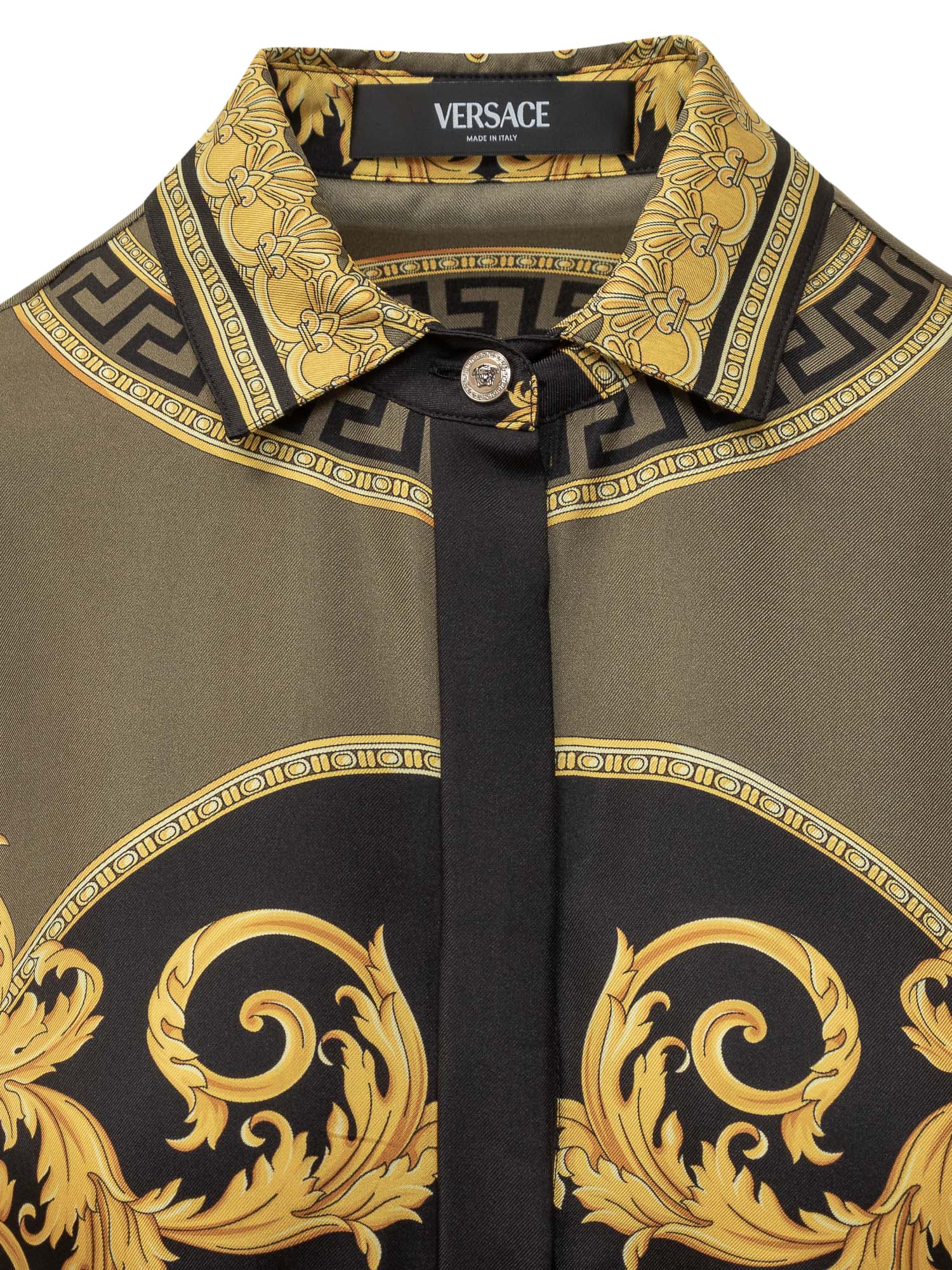 Shop Versace Barocco-printed Long-sleeved Midi Dress In Black-dark Olive-gold