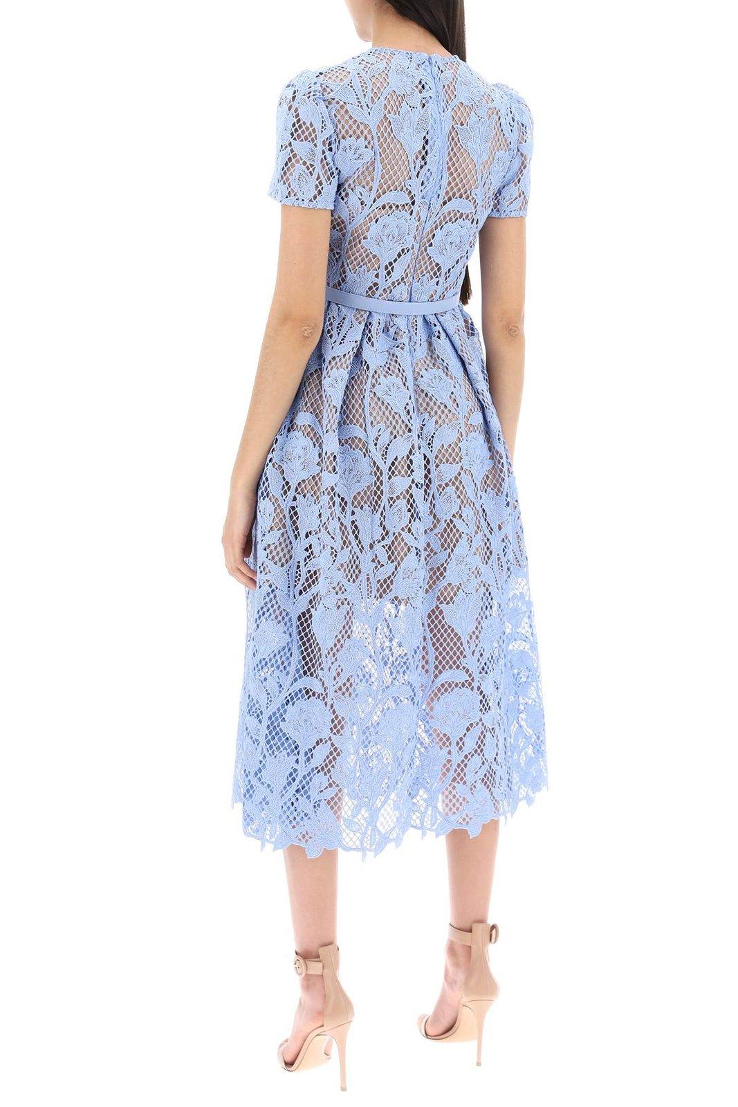 Shop Self-portrait Lace Detailed Short-sleeved Midi Dress In Blu