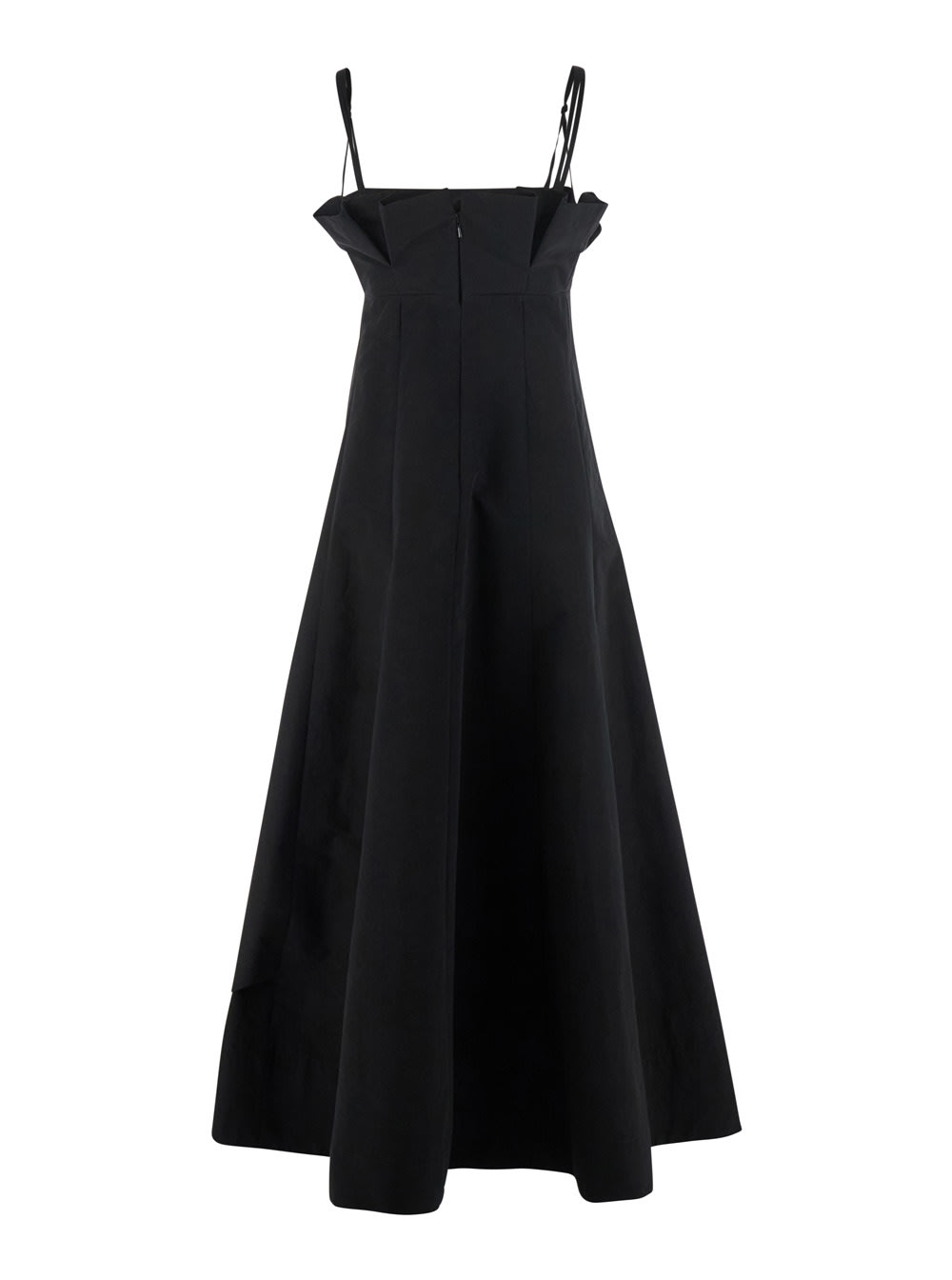Shop Philosophy Di Lorenzo Serafini Black Dress With Ruffles And Thin Shoulder Straps In Cotton Blend And Tech Fabric Woman